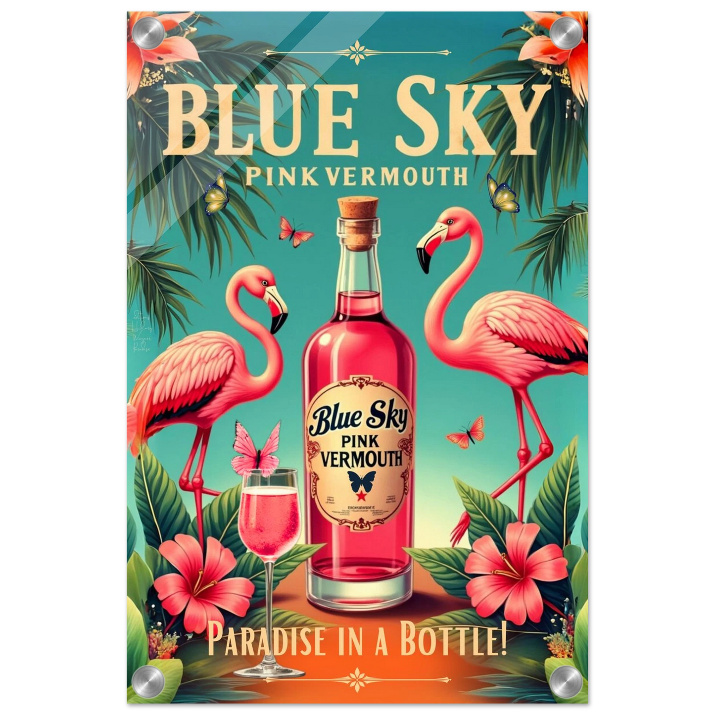 Vintage Pink Flamingo Tiki Bar Art Print 30x45 cm 12x18″ Sleek Acrylic Print No Frame