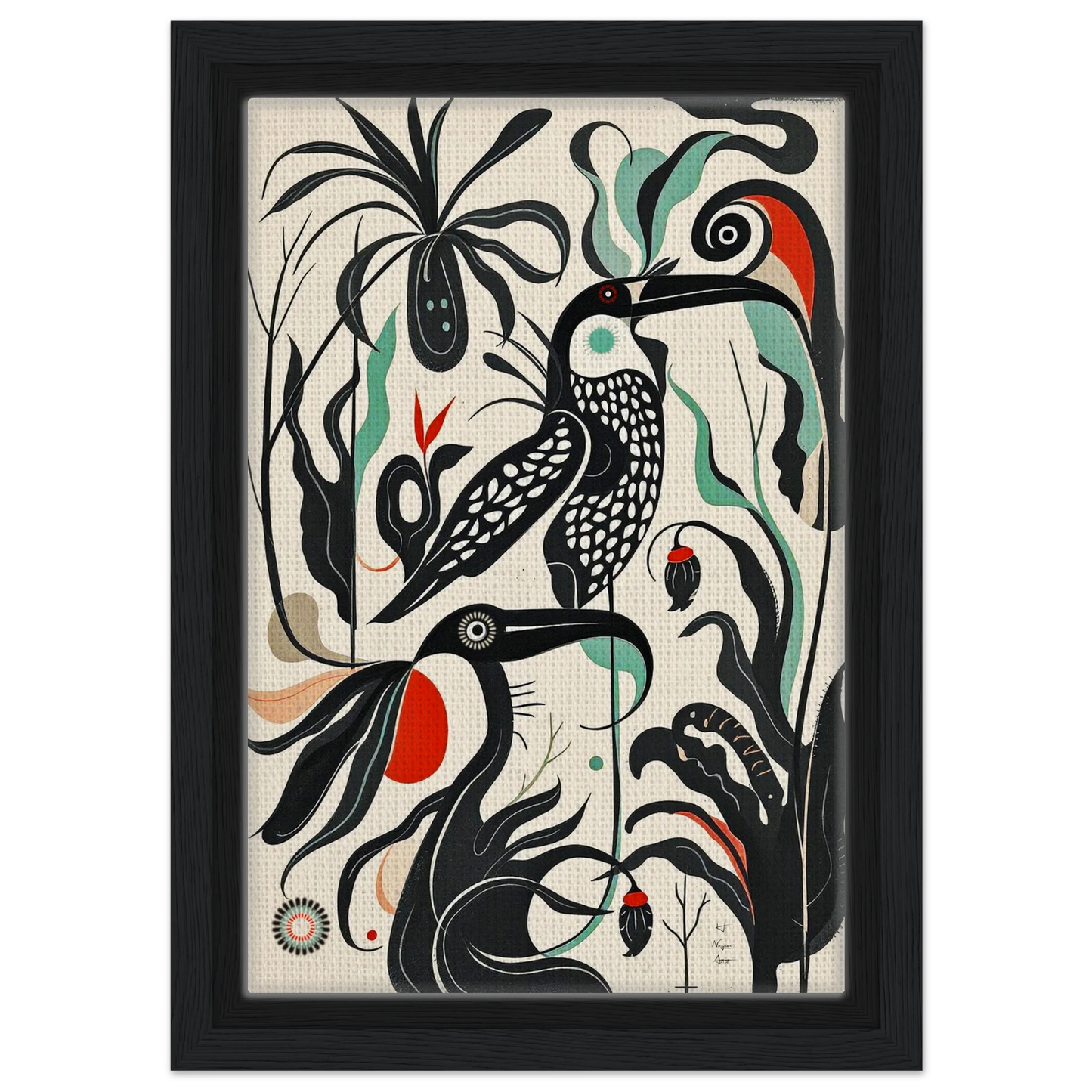 Mid-Century Modern Tropical Bird Art Print Black Wood Frame 20x30 cm 8x12″ Framed Canvas