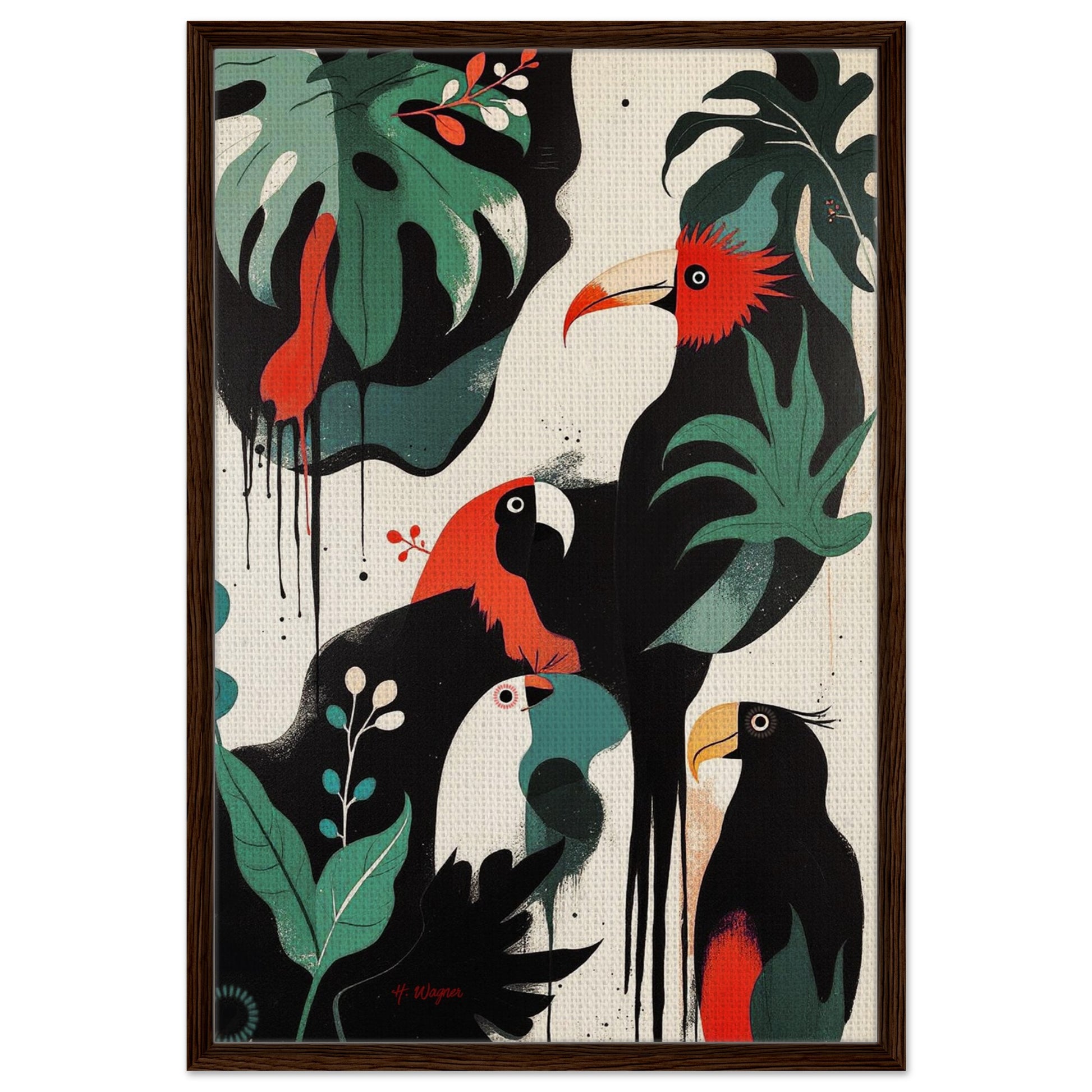 Mid-Century Modern Exotic Bird Art Poster Print - Framed Tropical Parrot Wall Décor Dark Brown Wood Frame 60x90 cm 24x36″ Framed Canvas