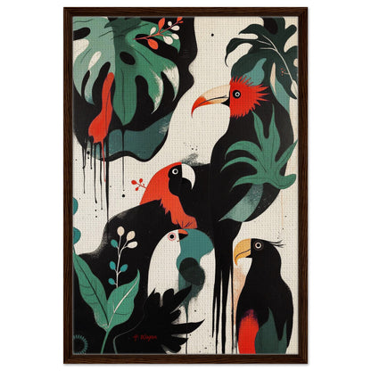 Mid-Century Modern Exotic Bird Art Poster Print - Framed Tropical Parrot Wall Décor Dark Brown Wood Frame 60x90 cm 24x36″ Framed Canvas