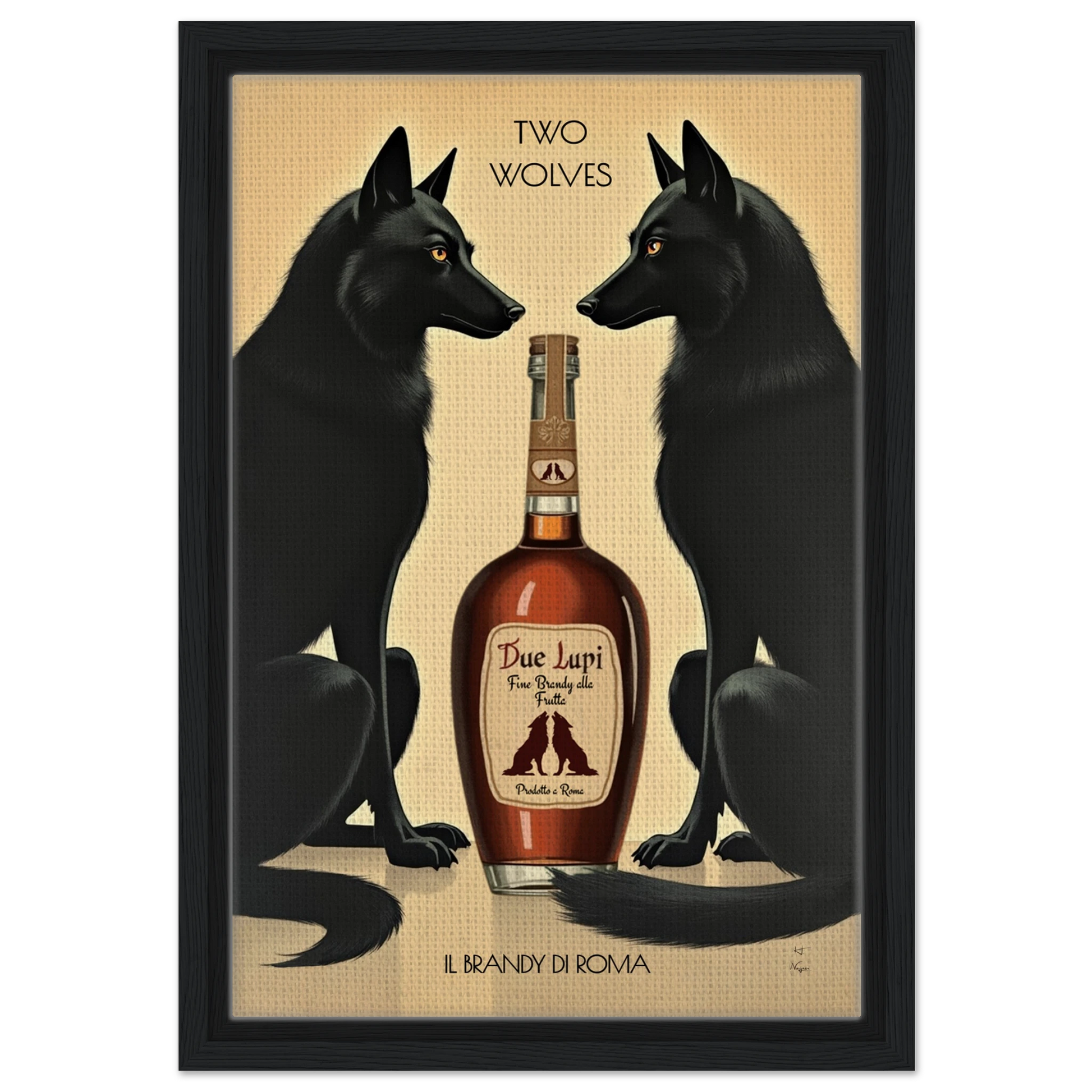 Two Wolves Italian Cocktail Bar Art Print 30x45 cm 12x18″ Framed Canvas Black Wood Frame