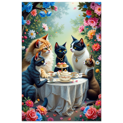 Lucky Cat Tea Party Botanical Art Print 30x45 cm 12x18″ Classic Matte Paper Poster No Frame