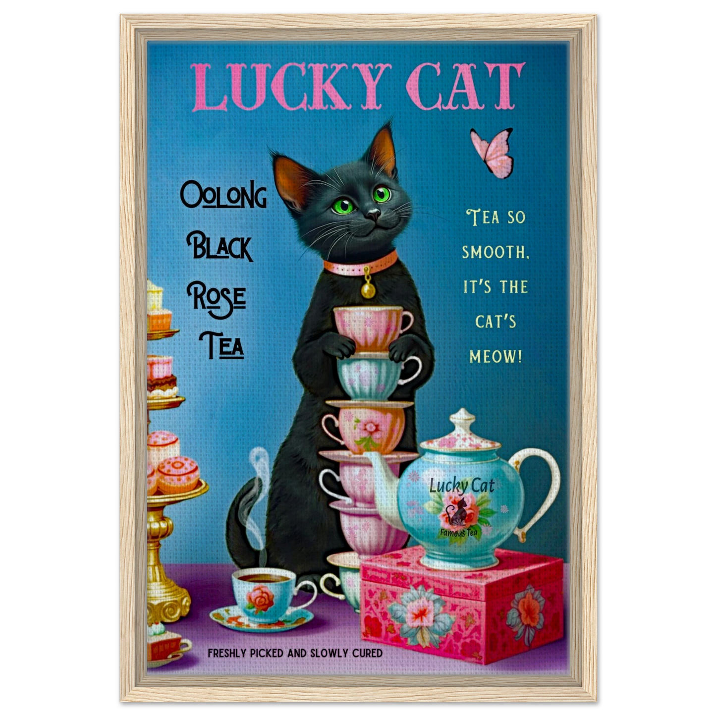 Lucky Cat Vintage Oolong Tea Art Print 40x60 cm 16x24″ Framed Canvas Light Wood Frame