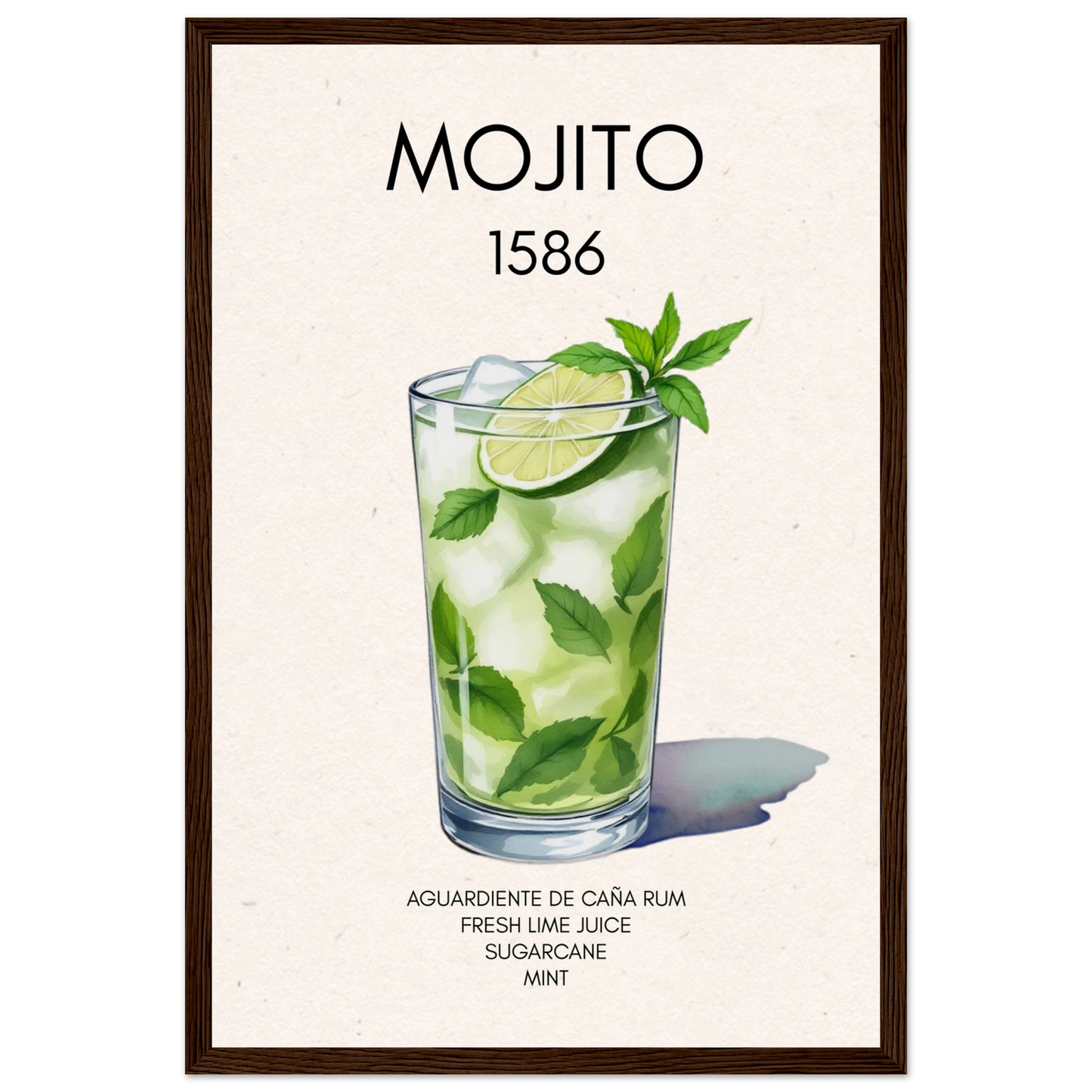 Mojito Cocktail Bar Poster Print Dark Brown Wood Frame 30x45 cm 12x18″ Classic Matte Paper Wooden Framed Poster