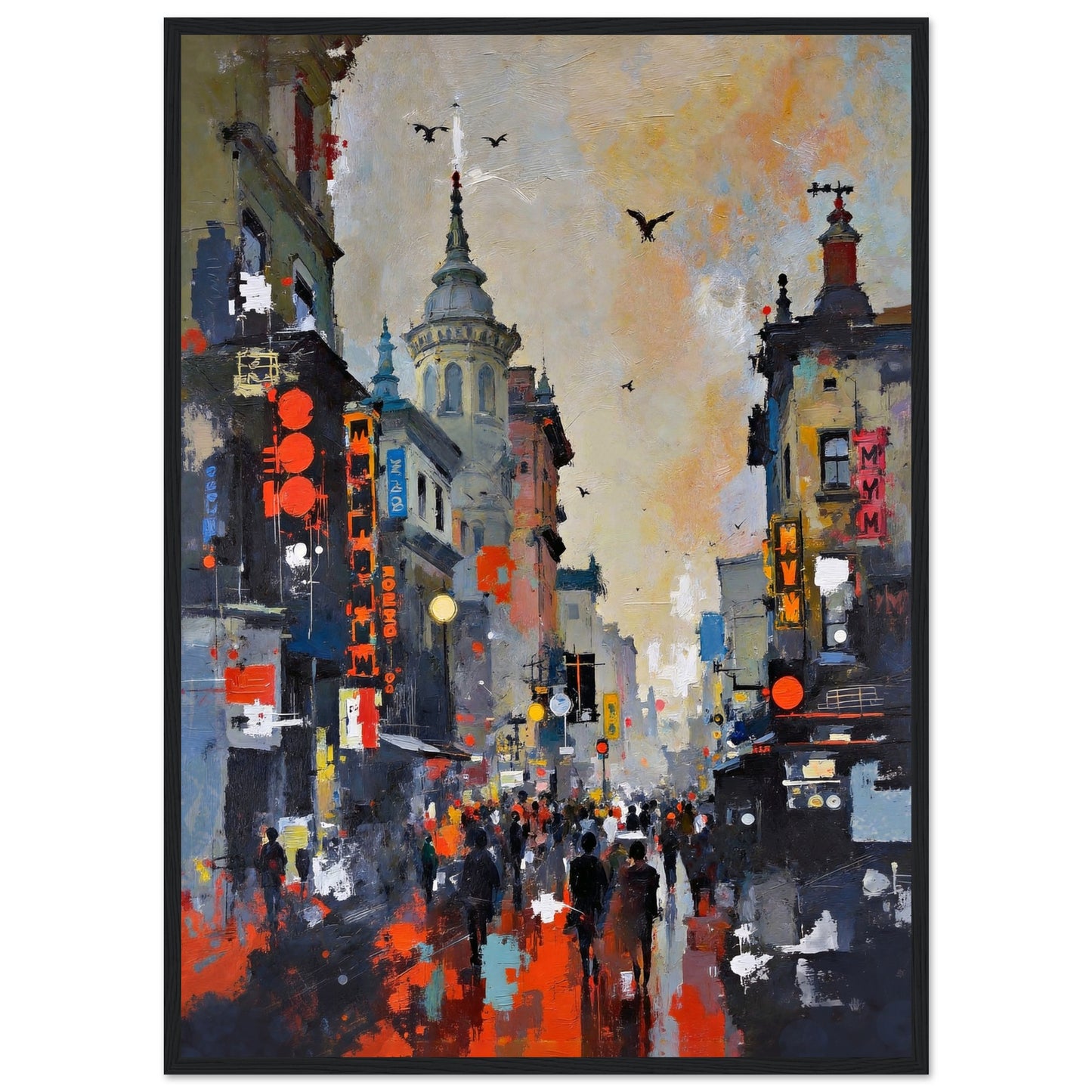 Gothic City Street Art Print - European Cityscape 50x70 cm 20x28″ Premium Matte Framed Poster - Black Wood
