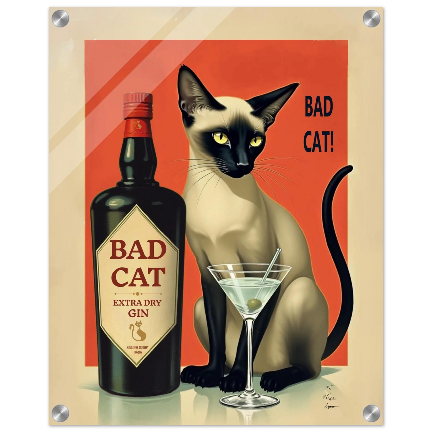 Siamese Cat Gin Martini Cocktail Art Print 40x50 cm 16x20″ Sleek Acrylic Print No Frame