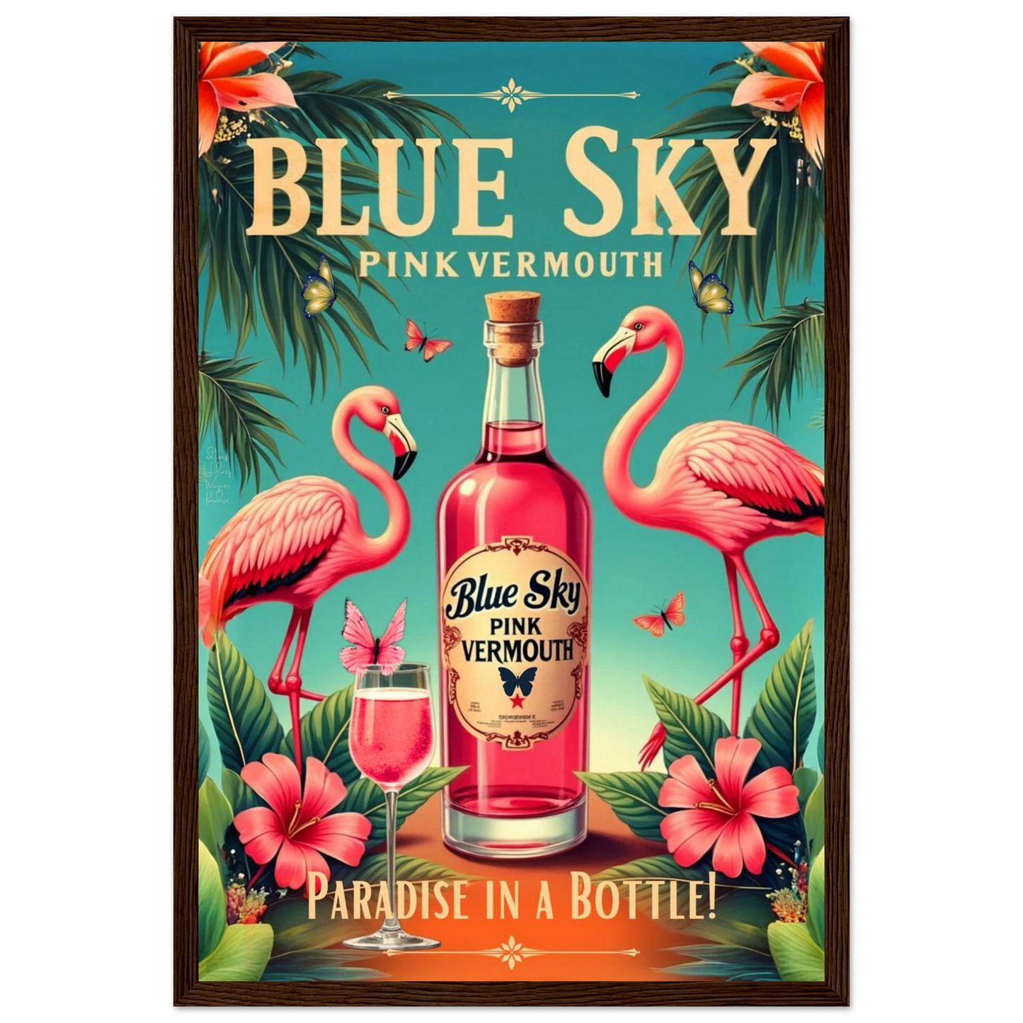 Vintage Pink Flamingo Tiki Bar Art Print 30x45 cm 12x18″ Premium Semi-Glossy Paper Wooden Framed Poster Dark Brown Wood Frame