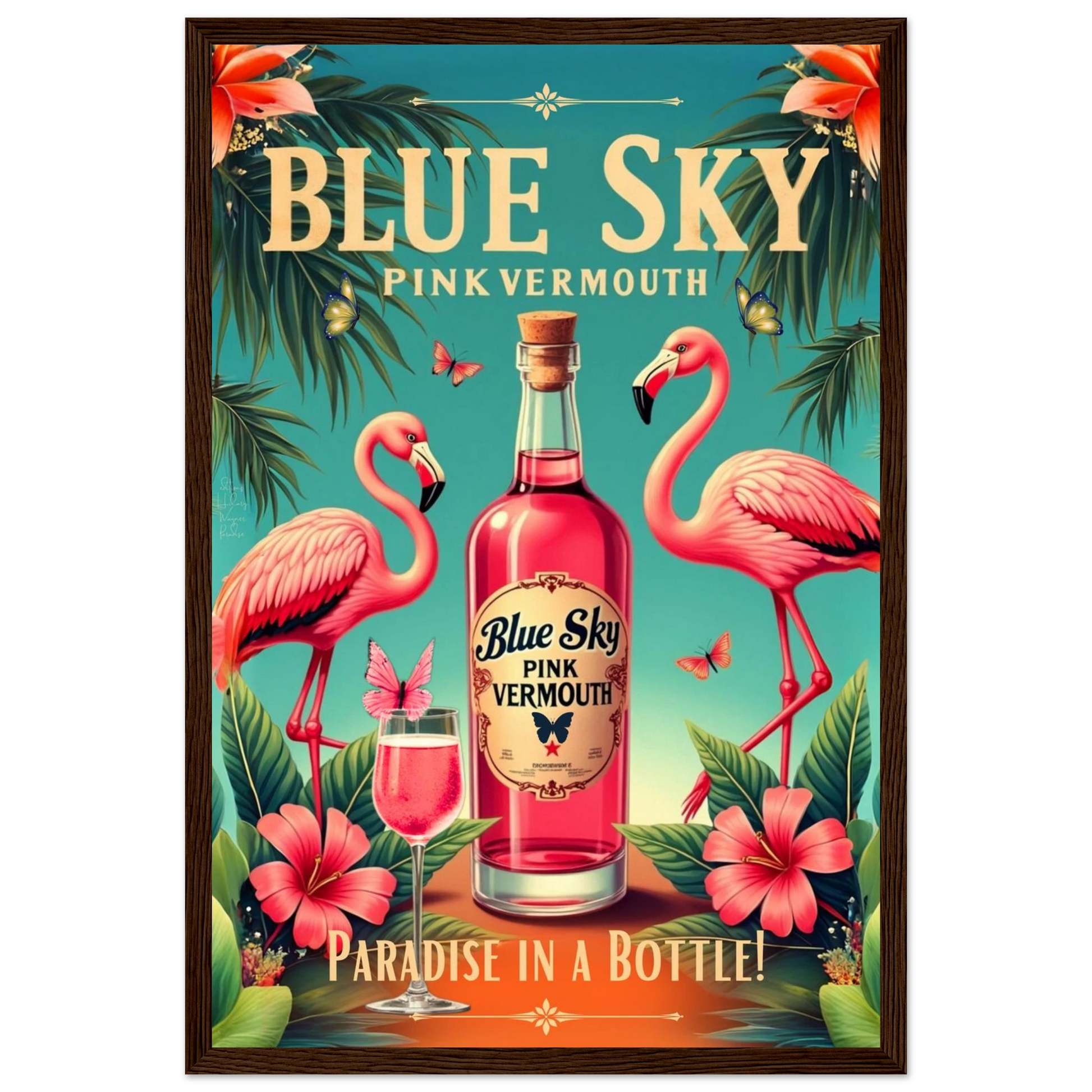 Vintage Pink Flamingo Tiki Bar Art Print 30x45 cm 12x18″ Premium Semi-Glossy Paper Wooden Framed Poster Dark Brown Wood Frame