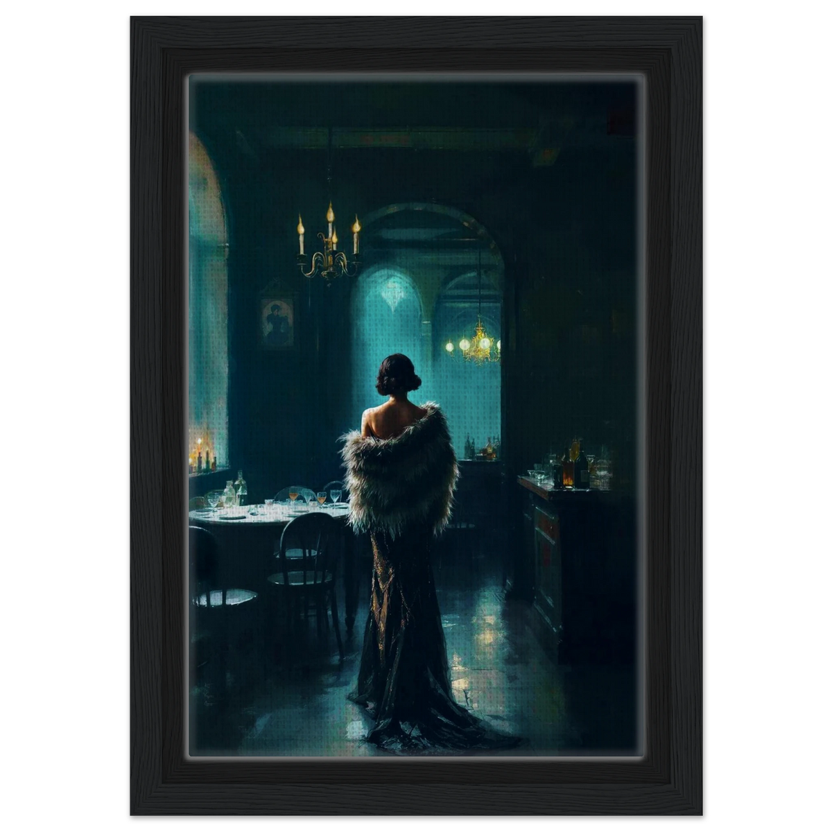 Moody Speakeasy Flapper Bar Art Print 20x30 cm 8x12″ Framed Canvas Black Wood Frame