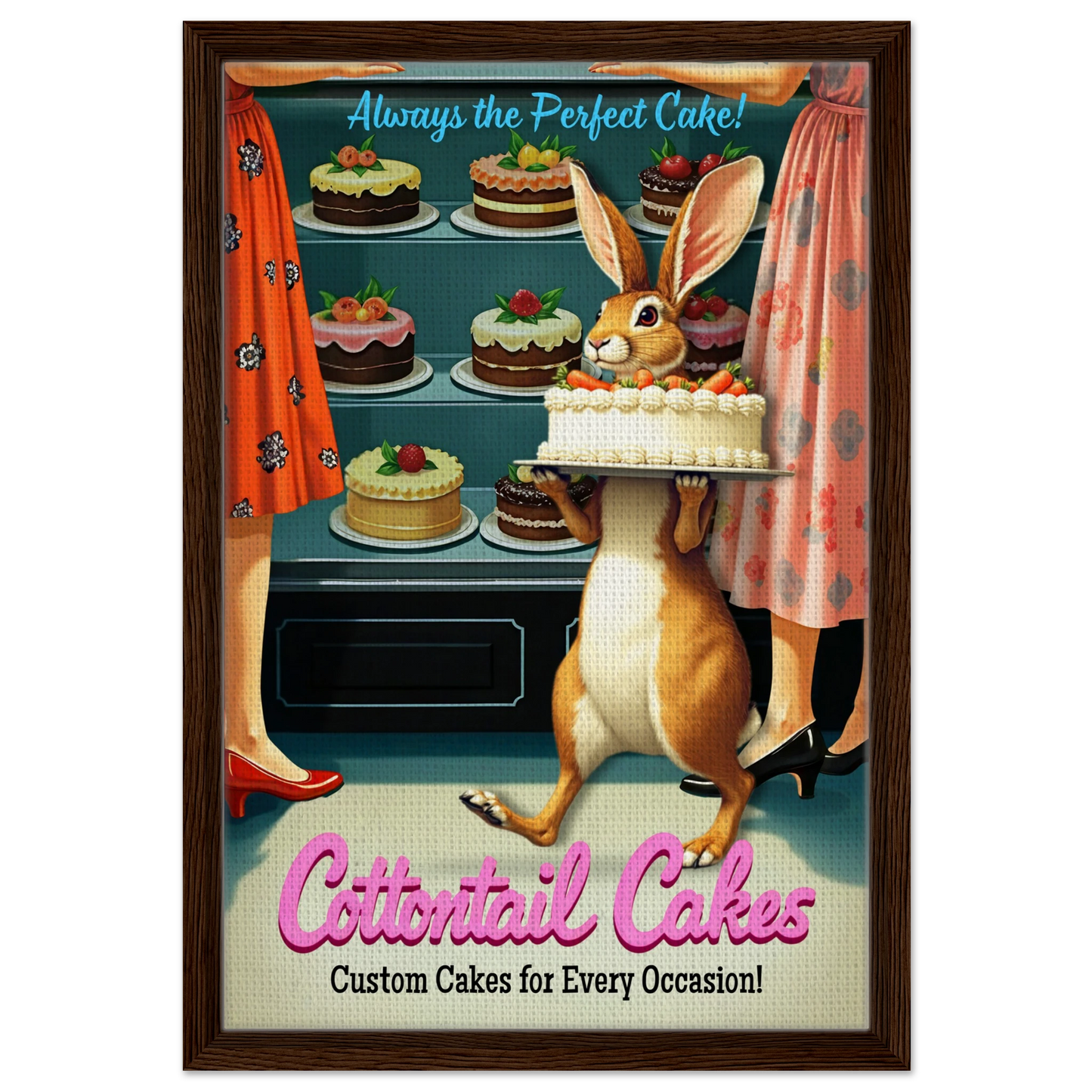 Cottontail Rabbit Bakery 1950s Kitchen Print Dark Brown Wood Frame 40x60 cm 16x24″ Framed Canvas