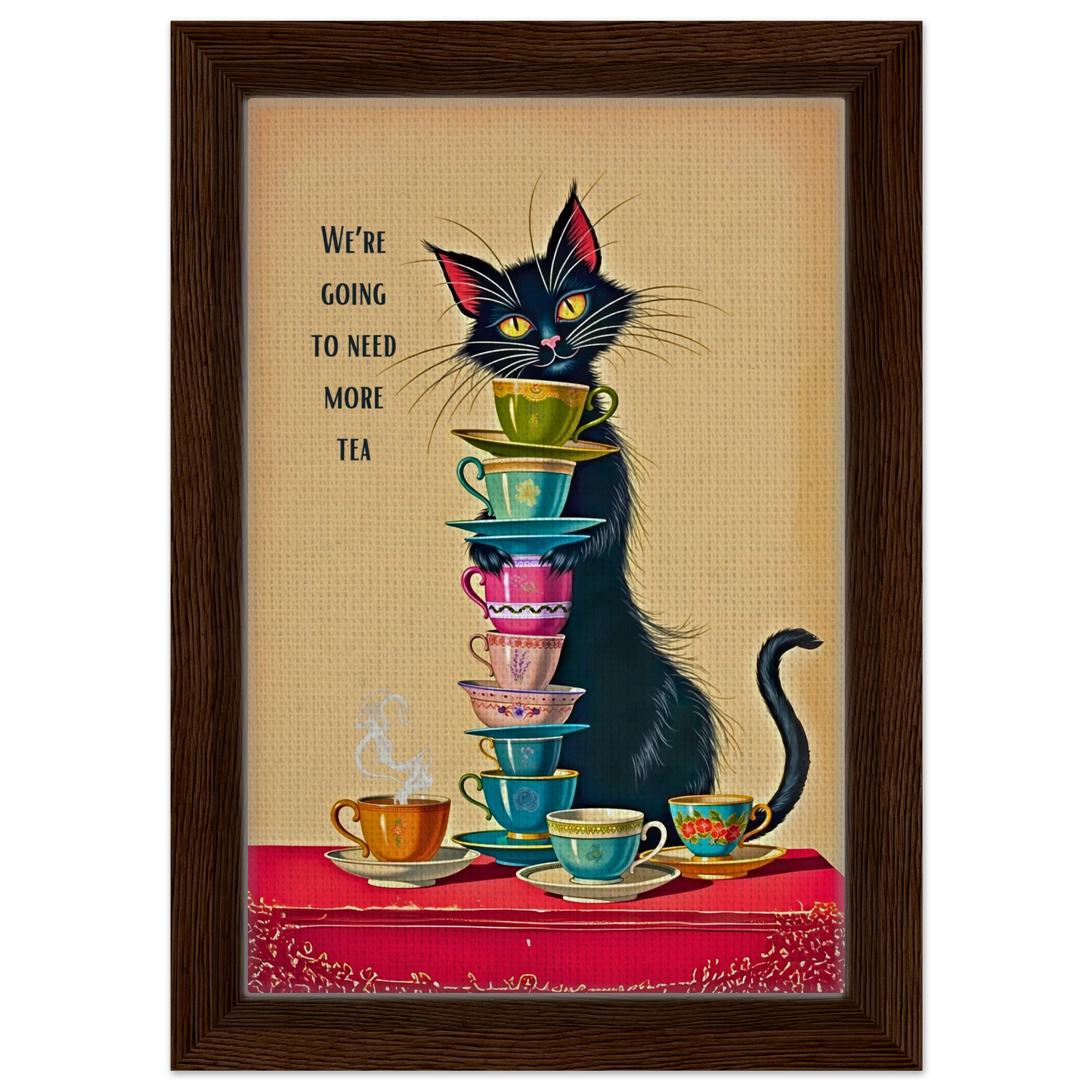 Quirky Cat Funny Tea Art Print 20x30 cm 8x12″ Framed Canvas Dark Brown Wood Frame