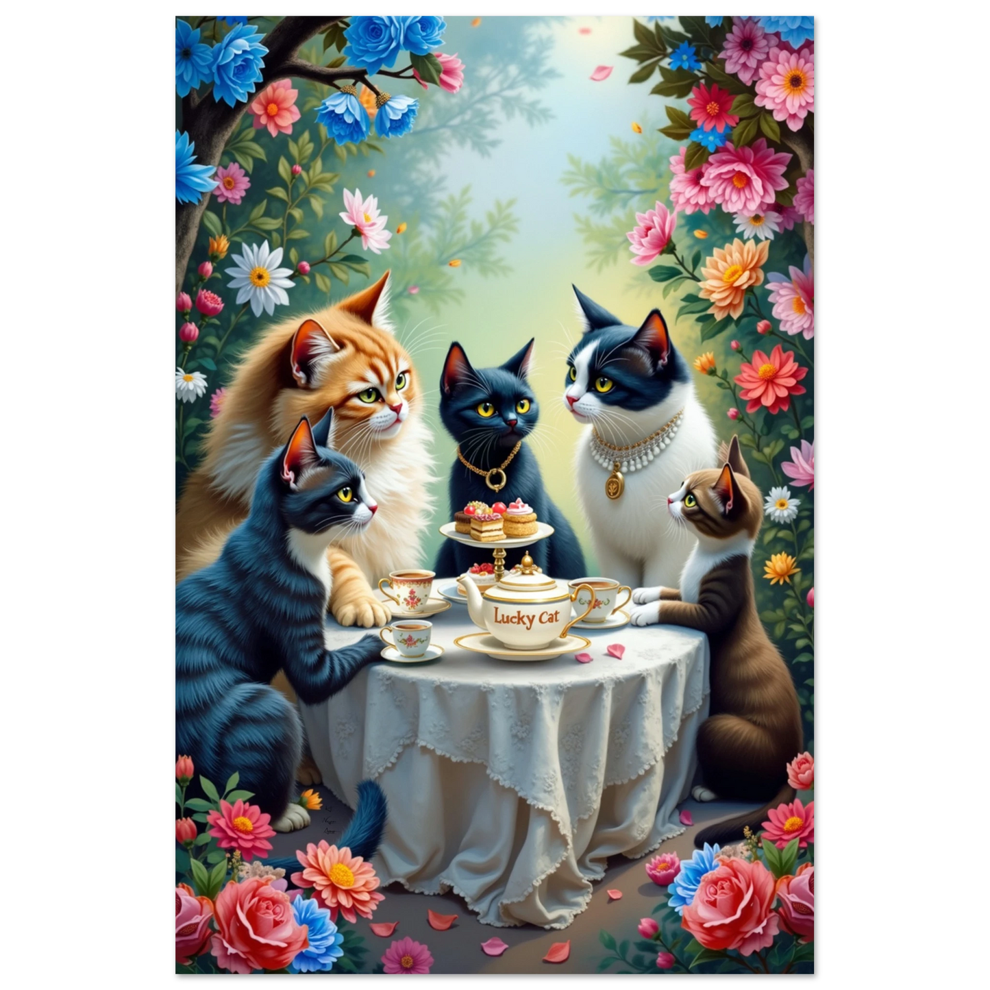 Lucky Cat Tea Party Botanical Art Print 60x90 cm 24x36″ Classic Matte Paper Poster No Frame