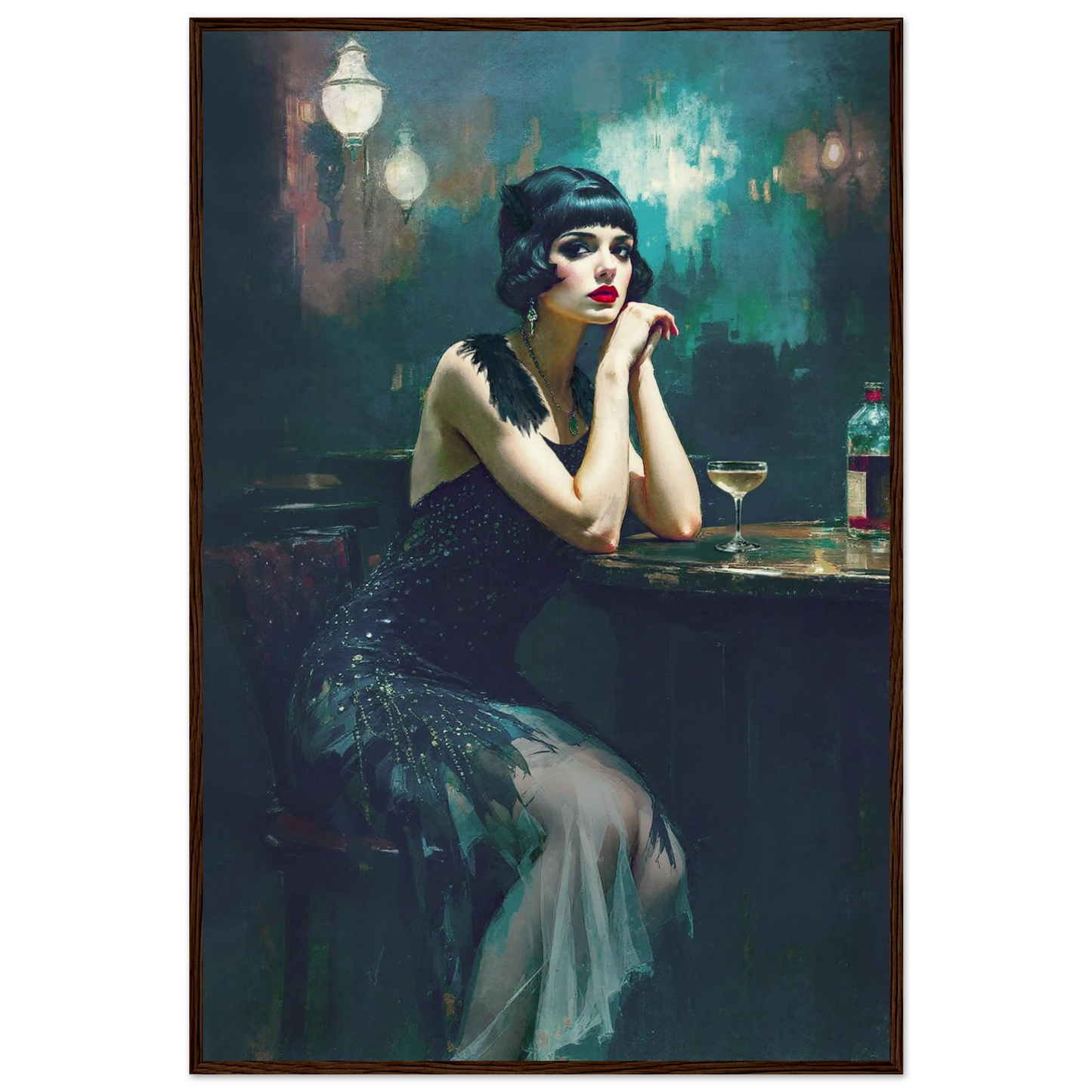 Jazz Age Speakeasy Flapper Art Print Dark Brown Wood Frame 60x90 cm 24x36″ Museum-Quality Matte Framed Poster