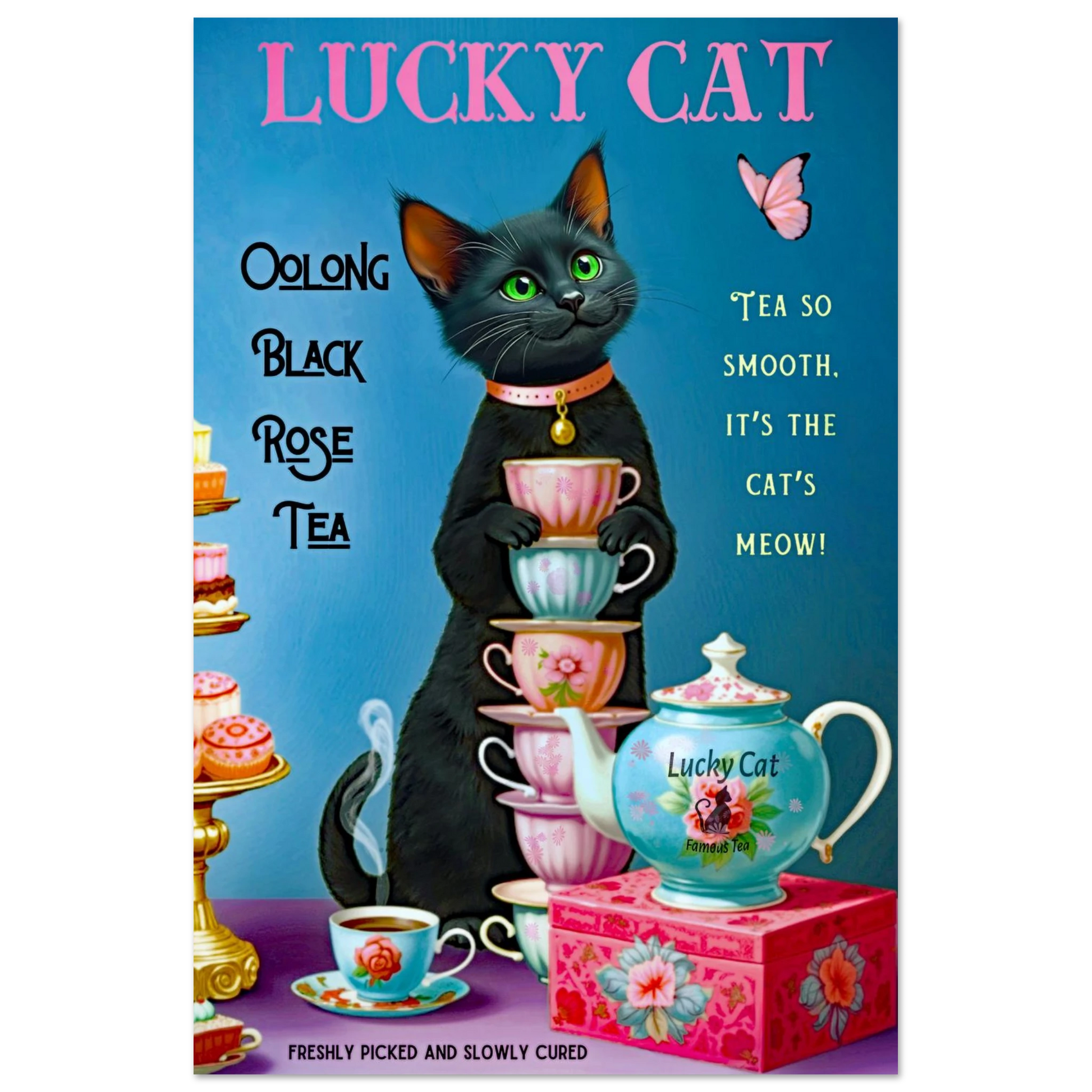 Lucky Cat Vintage Oolong Tea Art Print 30x45 cm 12x18″ Classic Matte Paper Poster No Frame