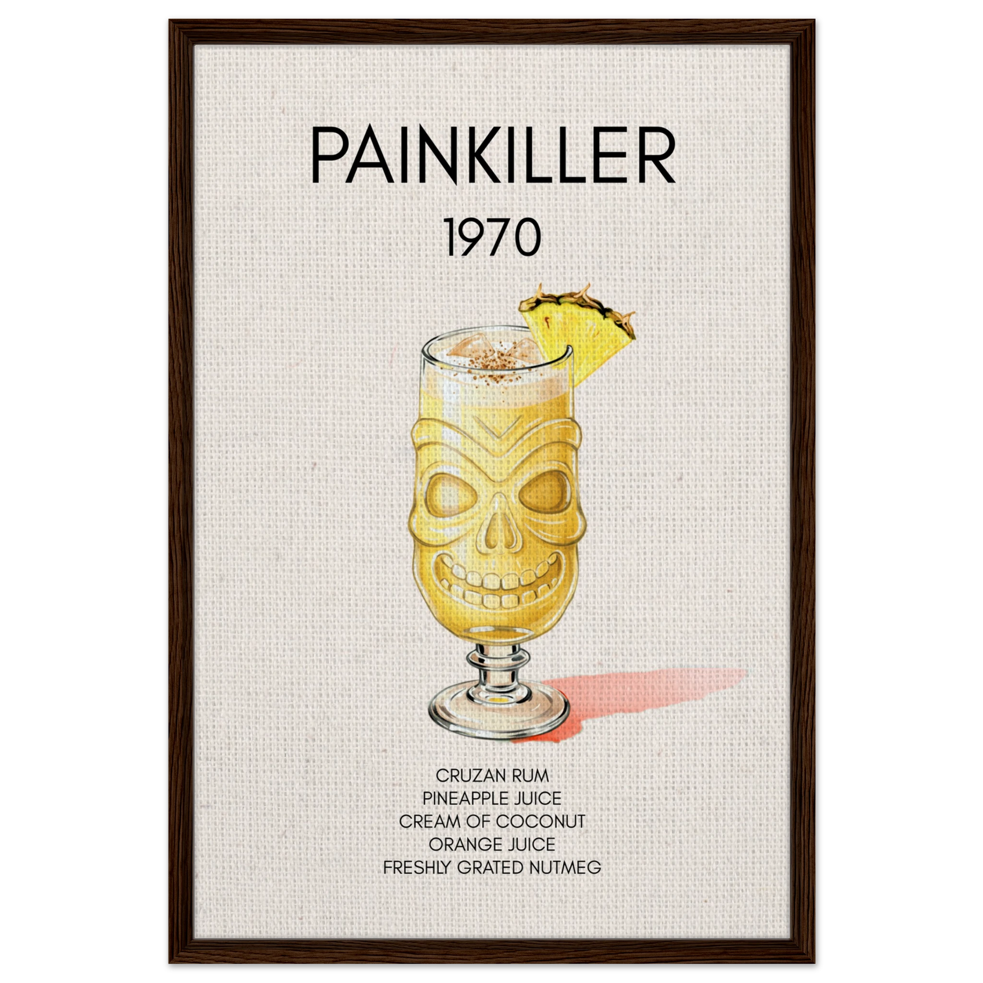 Painkiller Cocktail Bar Art Tiki Print Dark Brown Wood Frame 60x90 cm 24x36″ Framed Canvas