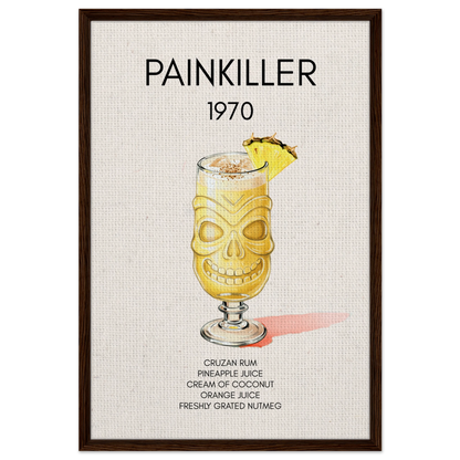 Painkiller Cocktail Bar Art Tiki Print Dark Brown Wood Frame 60x90 cm 24x36″ Framed Canvas