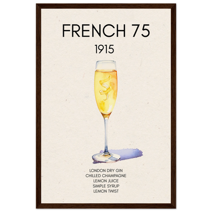 French 75 Cocktail Art Print Dark Brown Wood Frame 30x45 cm 12x18″ Museum-Quality Matte Paper Wooden Framed Poster