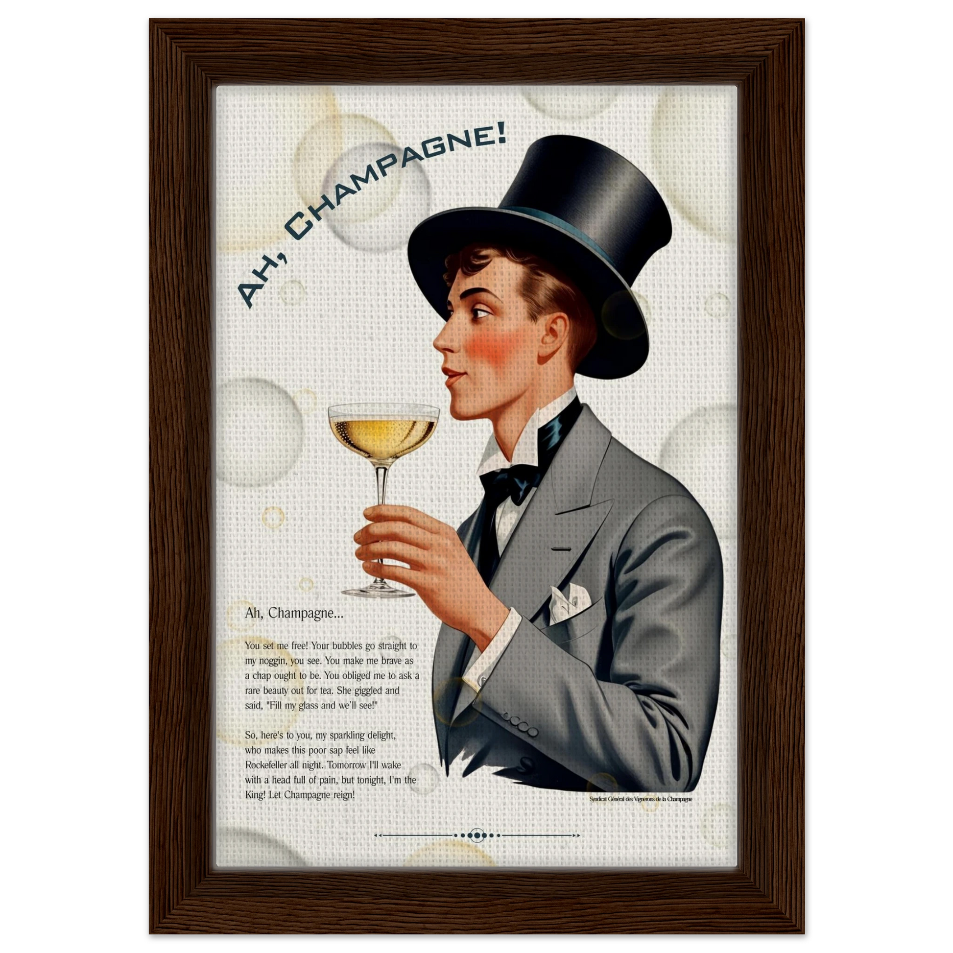 Art Deco Champagne Funny Poem Art Print 20x30 cm 8x12″ Framed Canvas Dark wood frame