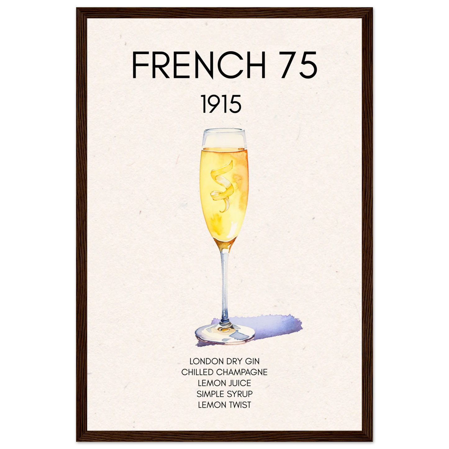 French 75 Cocktail Art Print Dark Brown Wood Frame 30x45 cm 12x18″ Classic Matte Paper Wooden Framed Poster