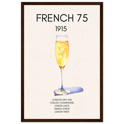 French 75 Cocktail Art Print Dark Brown Wood Frame 30x45 cm 12x18″ Classic Matte Paper Wooden Framed Poster