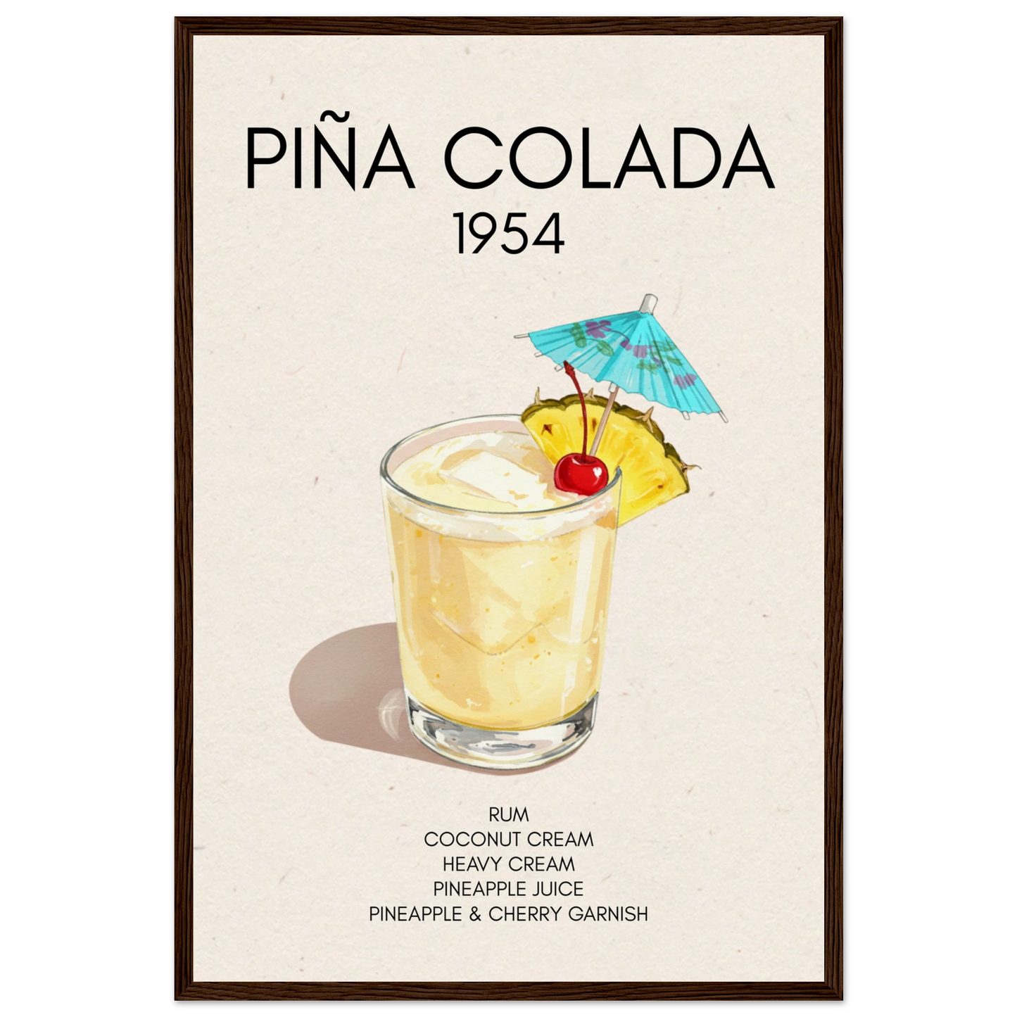Pina Colada Cocktail Bar Poster Print Dark Brown Wood Frame 40x60 cm 16x24″ Museum-Quality Matte Paper Wooden Framed Poster