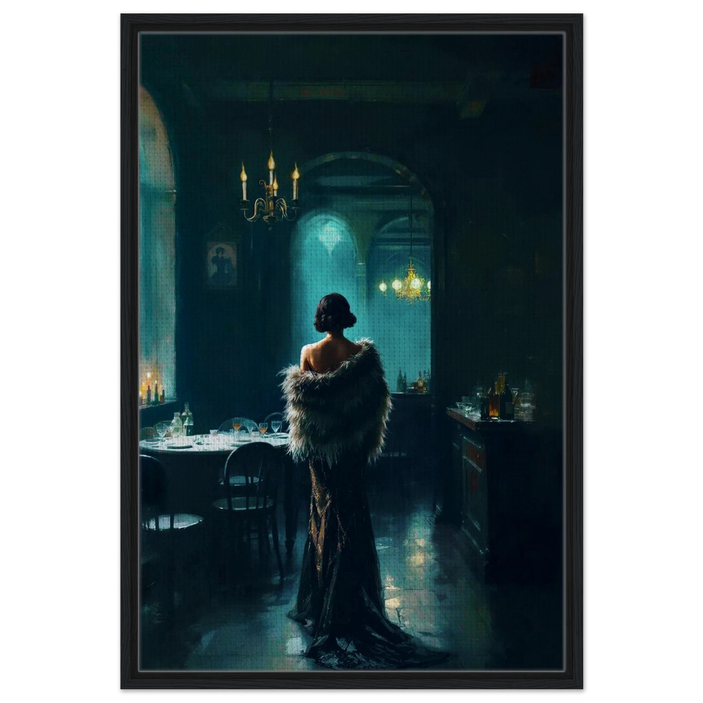 Moody Speakeasy Flapper Bar Art Print Black Wood Frame 60x90 cm 24x36″ Framed Canvas