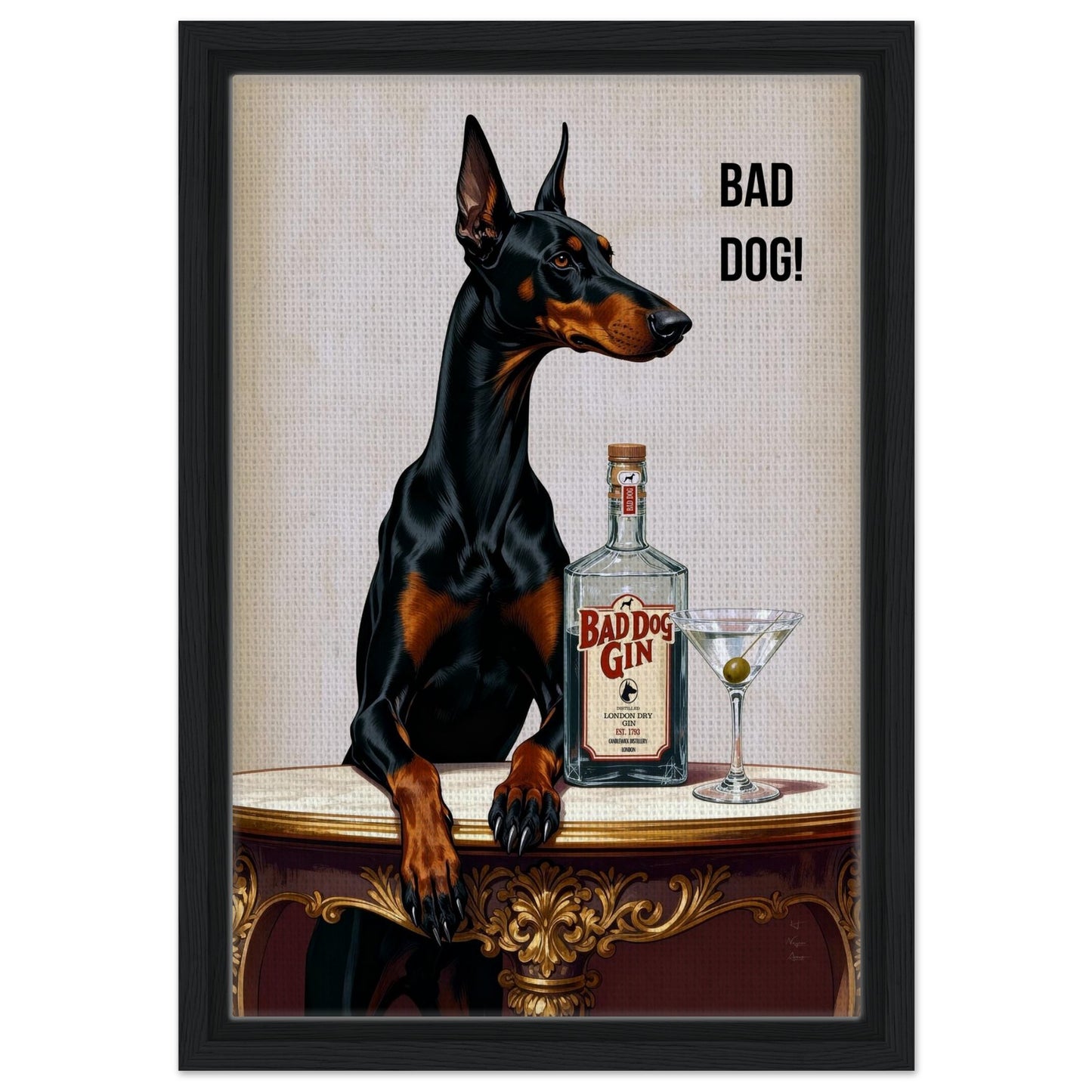 Bad Dog Gin Cocktail Bar Art Print 30x45 cm 12x18″ Framed Canvas Black Wood Frame