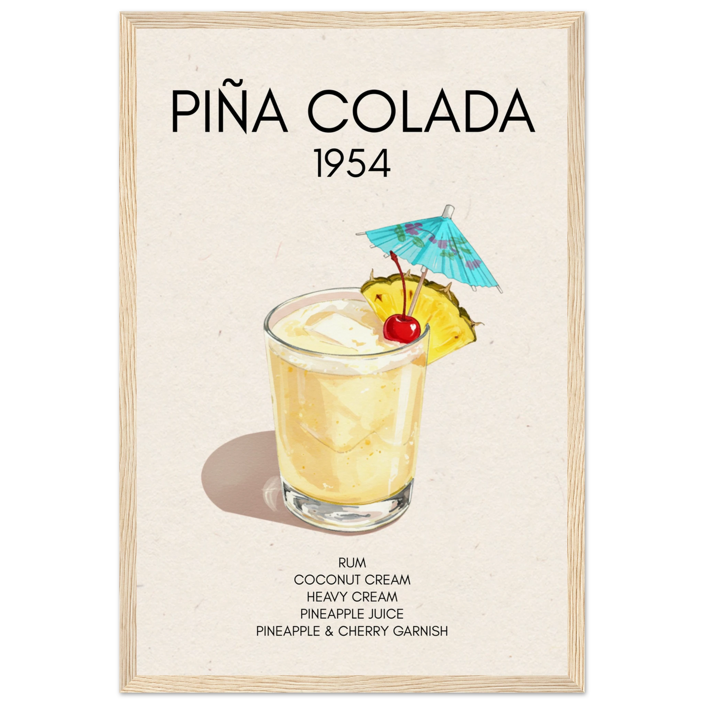 Pina Colada Cocktail Bar Poster Print Light Wood Frame 30x45 cm 12x18″ Museum-Quality Matte Paper Wooden Framed Poster