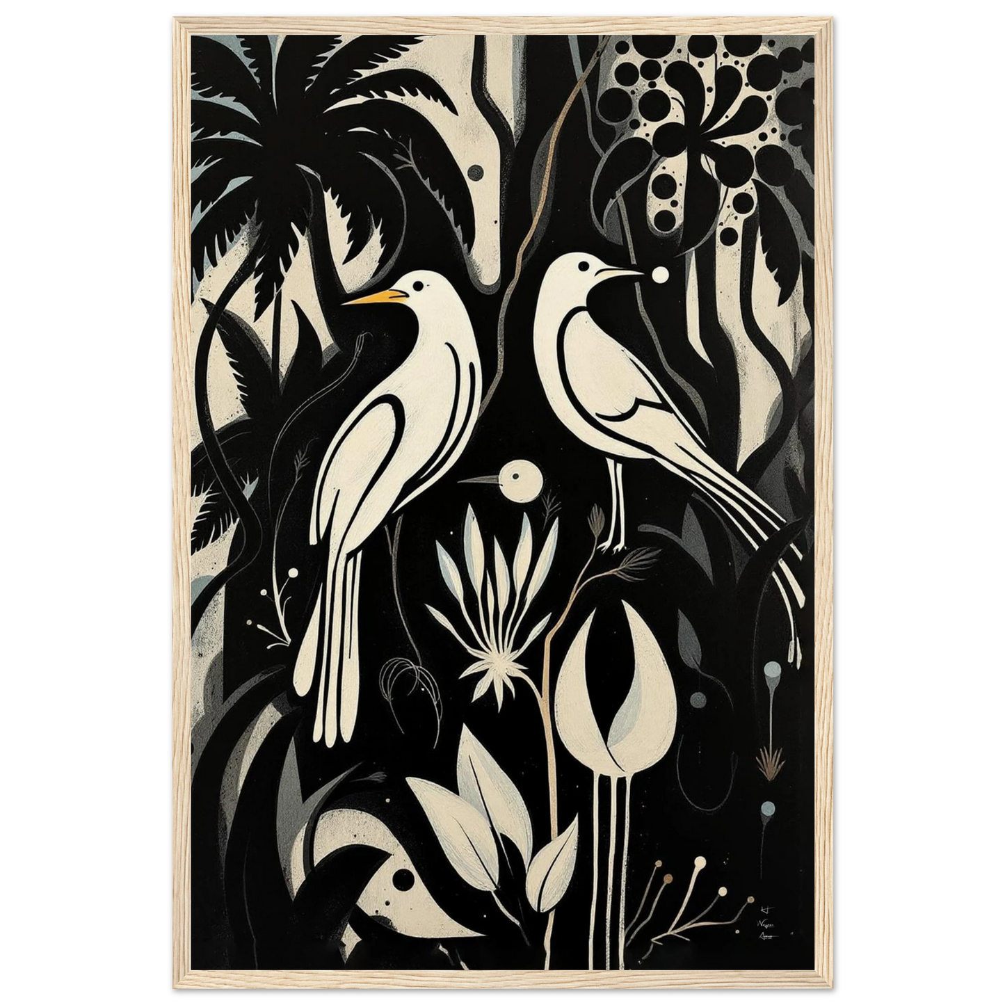 Black & White Minimalist Bird Art Print Light Wood Frame 40x60 cm 16x24″ Museum-Quality Matte Paper Wooden Framed Poster