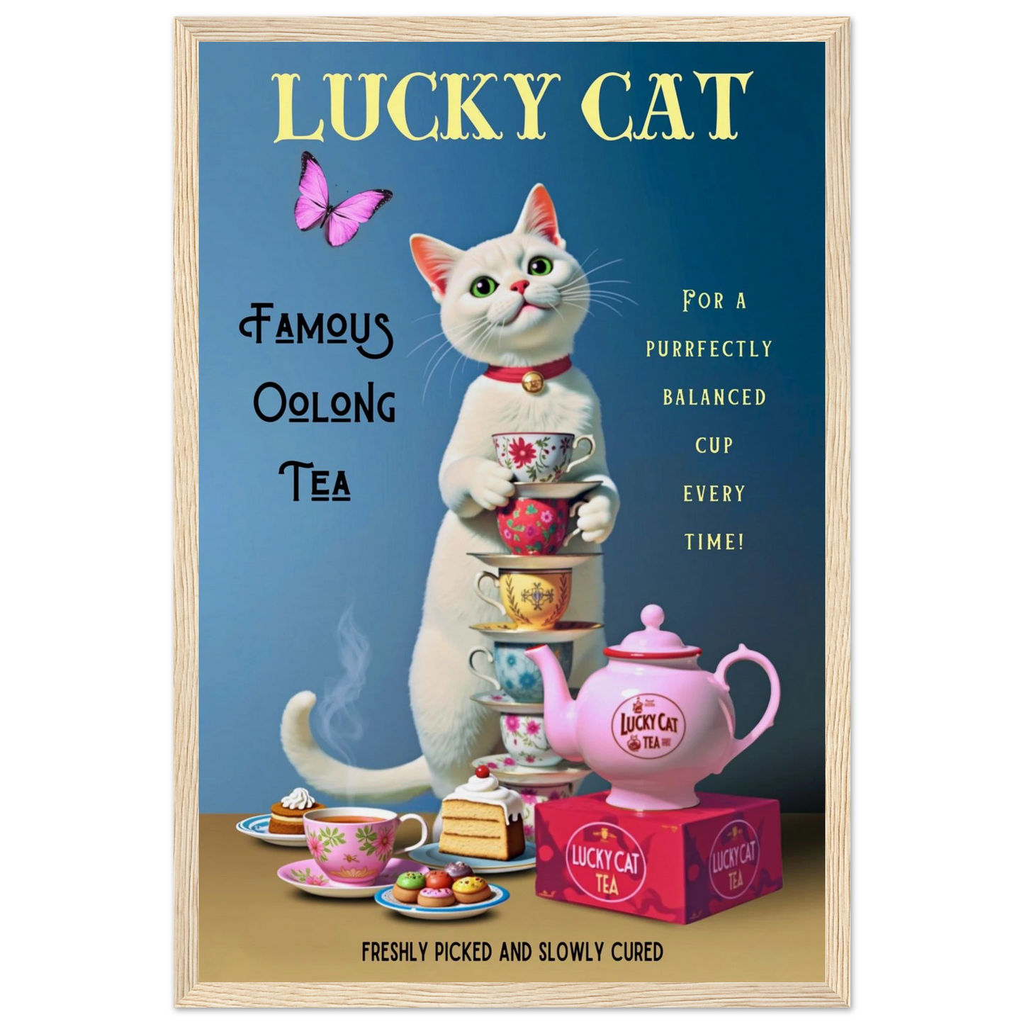White Lucky Cat Tea Vintage Fine Art Print Light Wood Frame 30x45 cm 12x18″ Museum-Quality Matte Paper Wooden Framed Poster