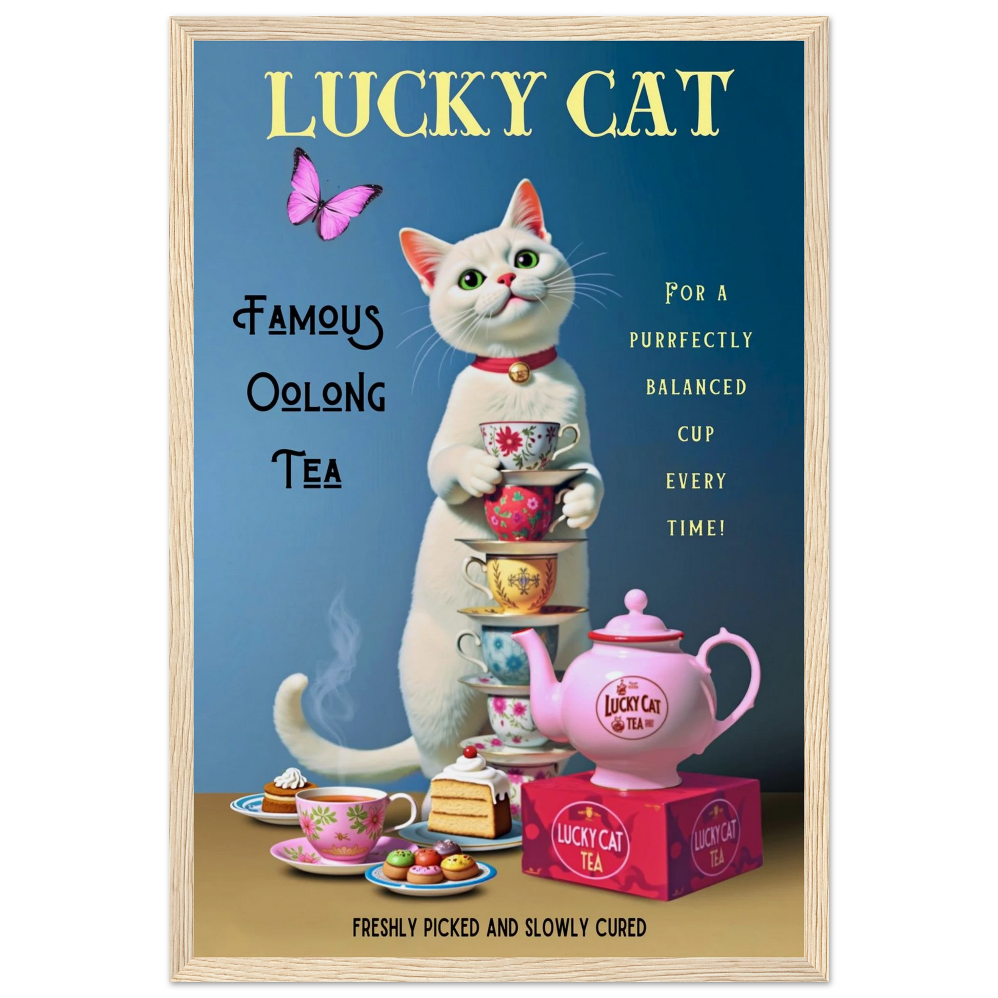 White Lucky Cat Tea Vintage Fine Art Print Light Wood Frame 30x45 cm 12x18″ Museum-Quality Matte Paper Wooden Framed Poster