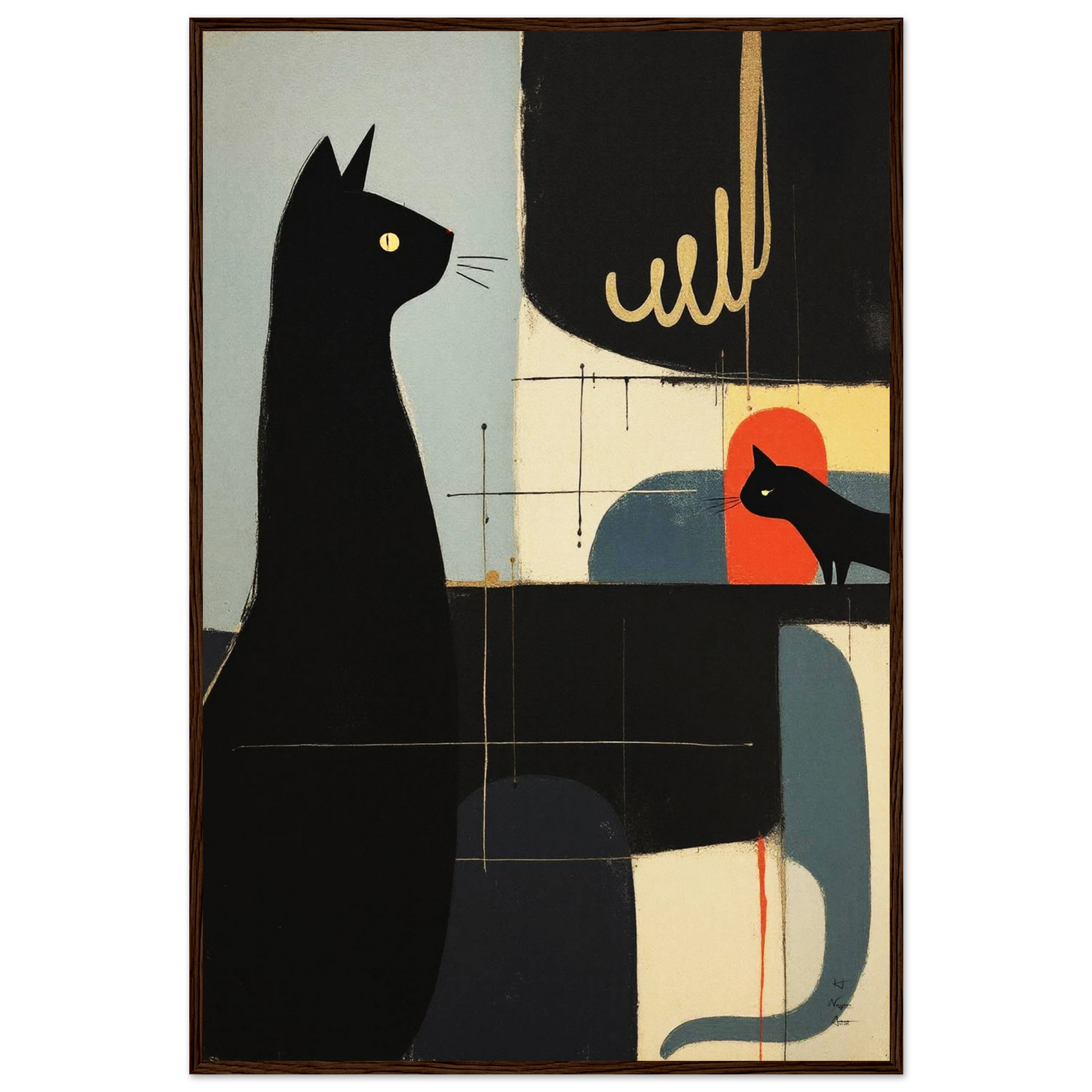 Abstract Cat & Kitten Modern Art Print Dark Brown Wood Frame 60x90 cm 24x36″ Premium Matte Framed Poster