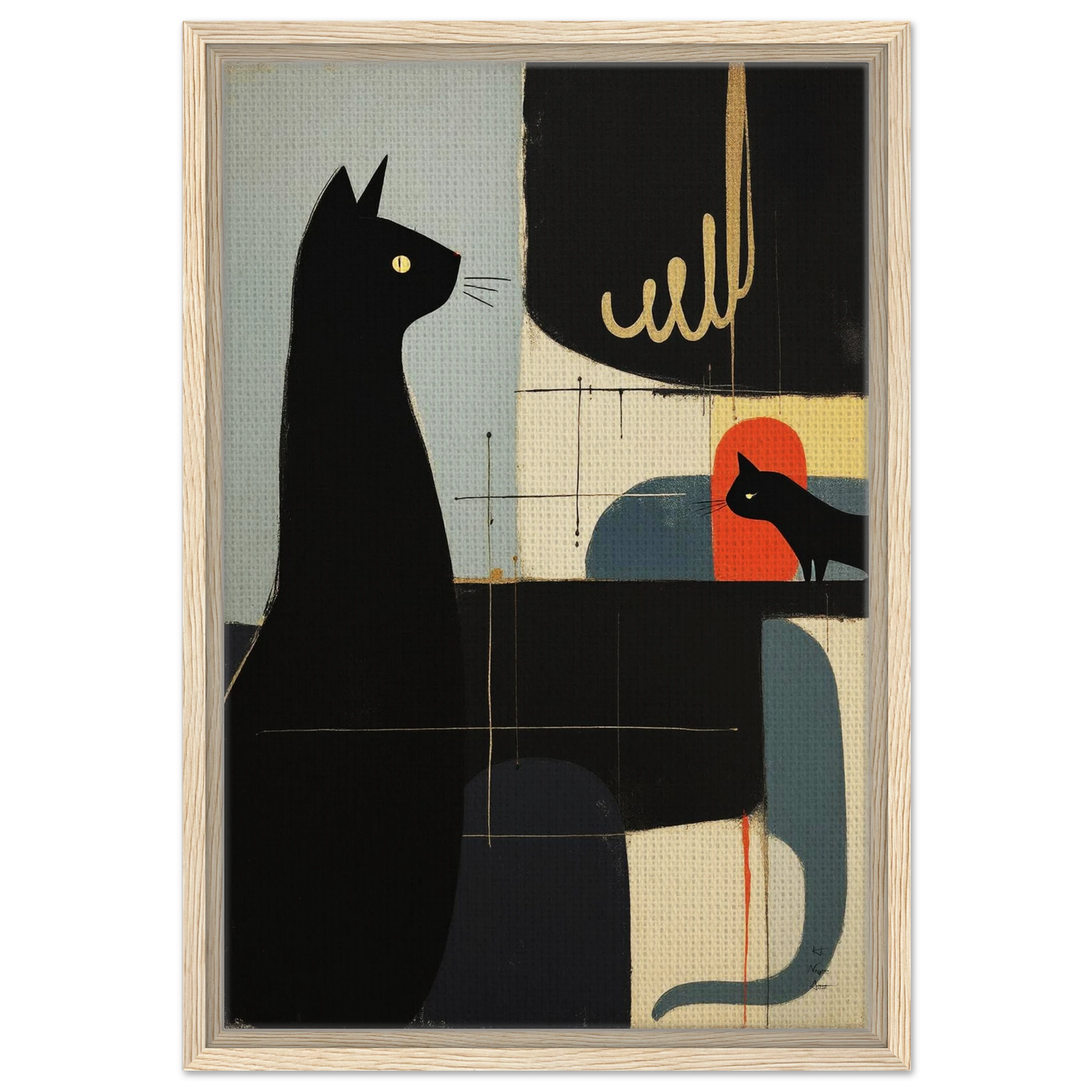 Abstract Cat & Kitten Modern Art Print Light Wood Frame 40x60 cm 16x24″ Framed Canvas