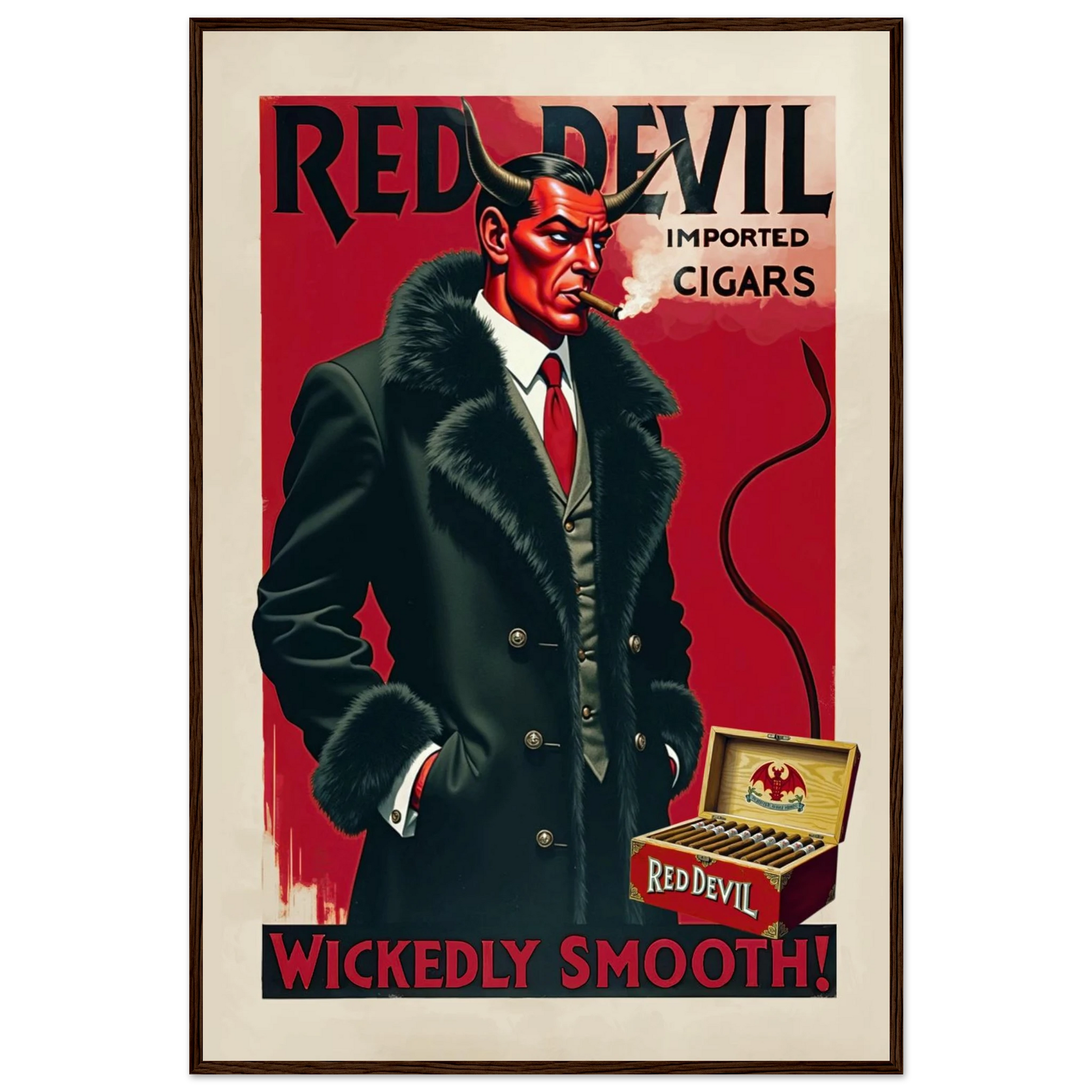 Red Devil 1920s Art Deco Cigar Art Print 60x90 cm 24x36″ Classic Matte Paper Wooden Framed Poster Dark Brown Wood Frame