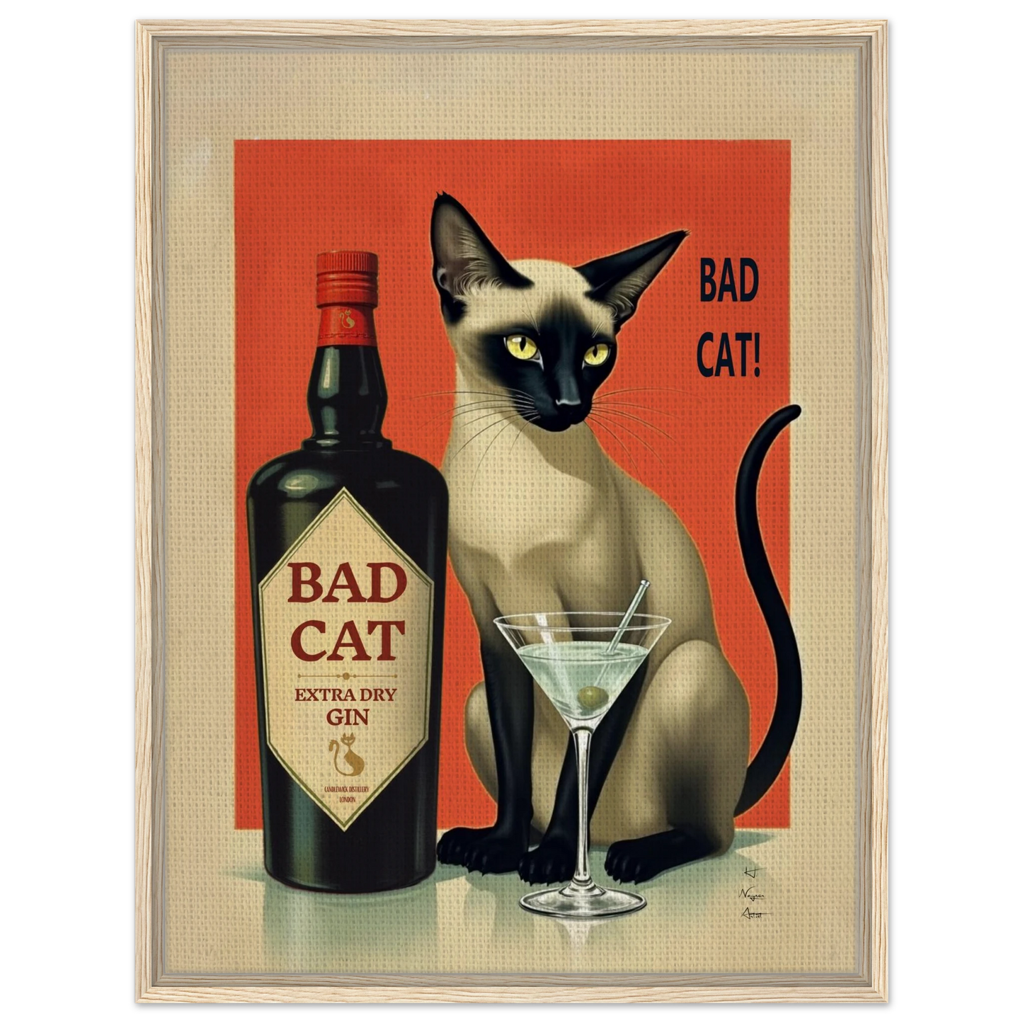 Siamese Cat Gin Martini Cocktail Art Print 60x80 cm 24x32″ Framed Canvas Light Wood Frame