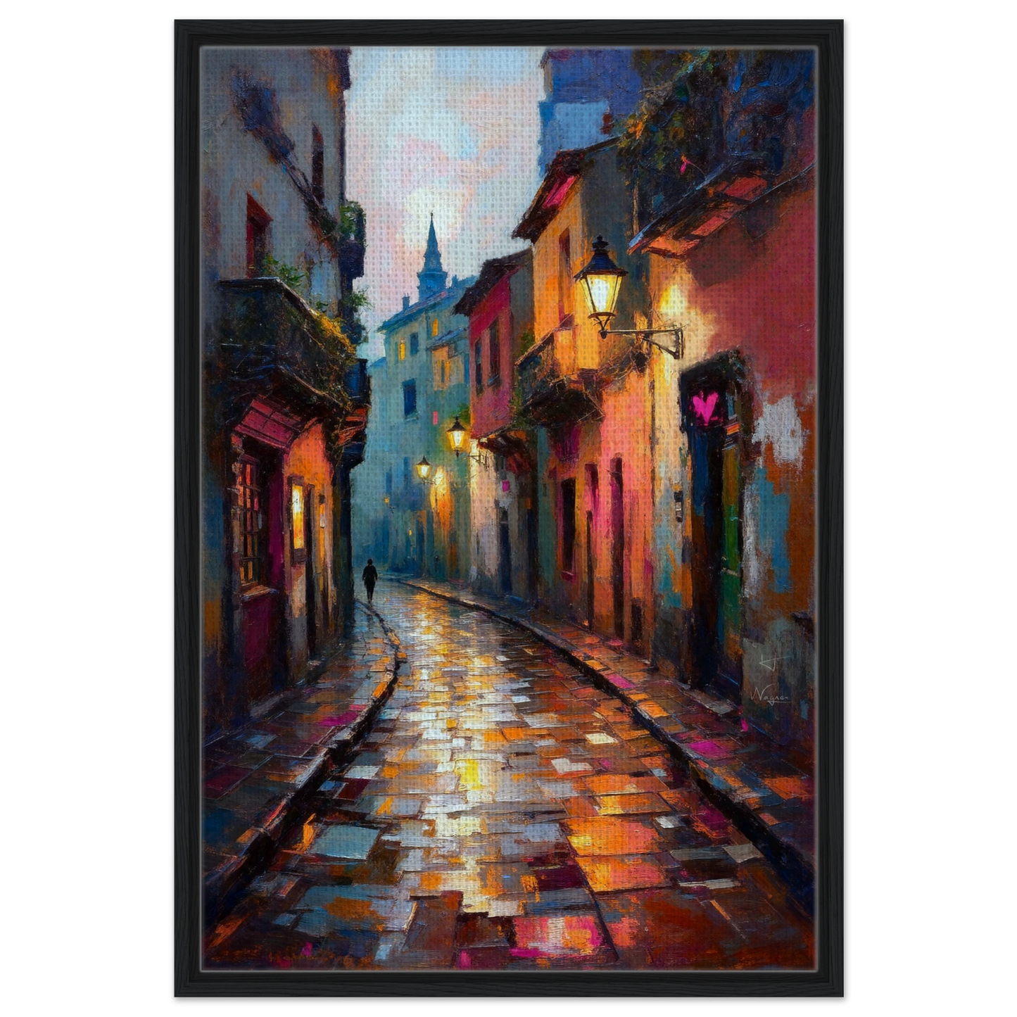Old Europe Romantic Street Art Print 60x90 cm 24x36″ Framed Canvas Black Wood