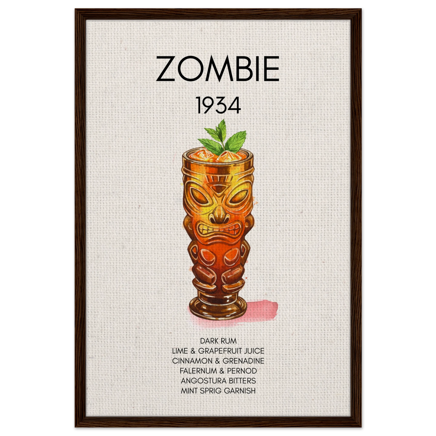 Zombie Tiki Cocktail Bar Poster Print Dark Brown Wood Frame 60x90 cm 24x36″ Framed Canvas
