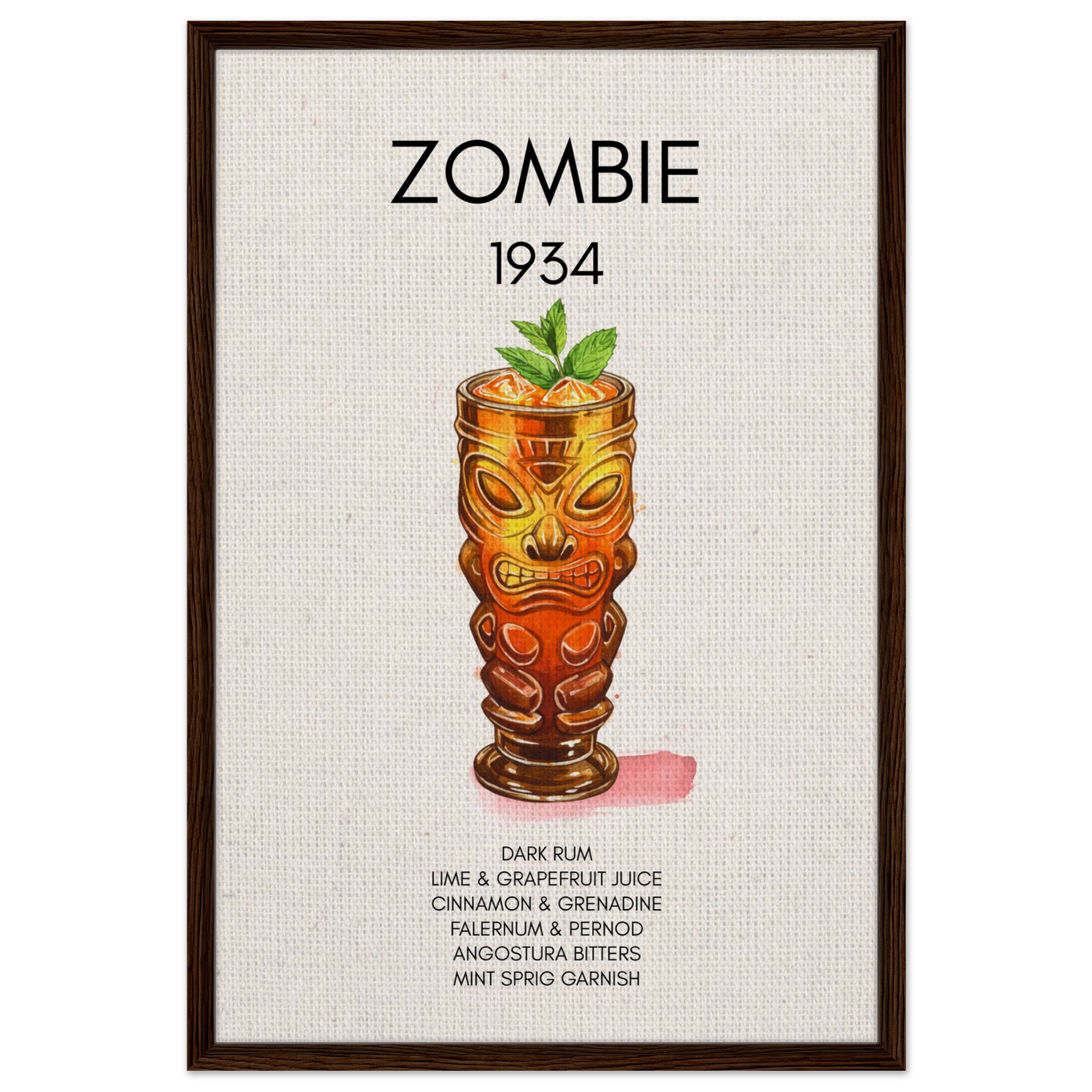 Zombie Tiki Cocktail Bar Art Print Dark Brown Wood Frame 60x90 cm 24x36″ Framed Canvas