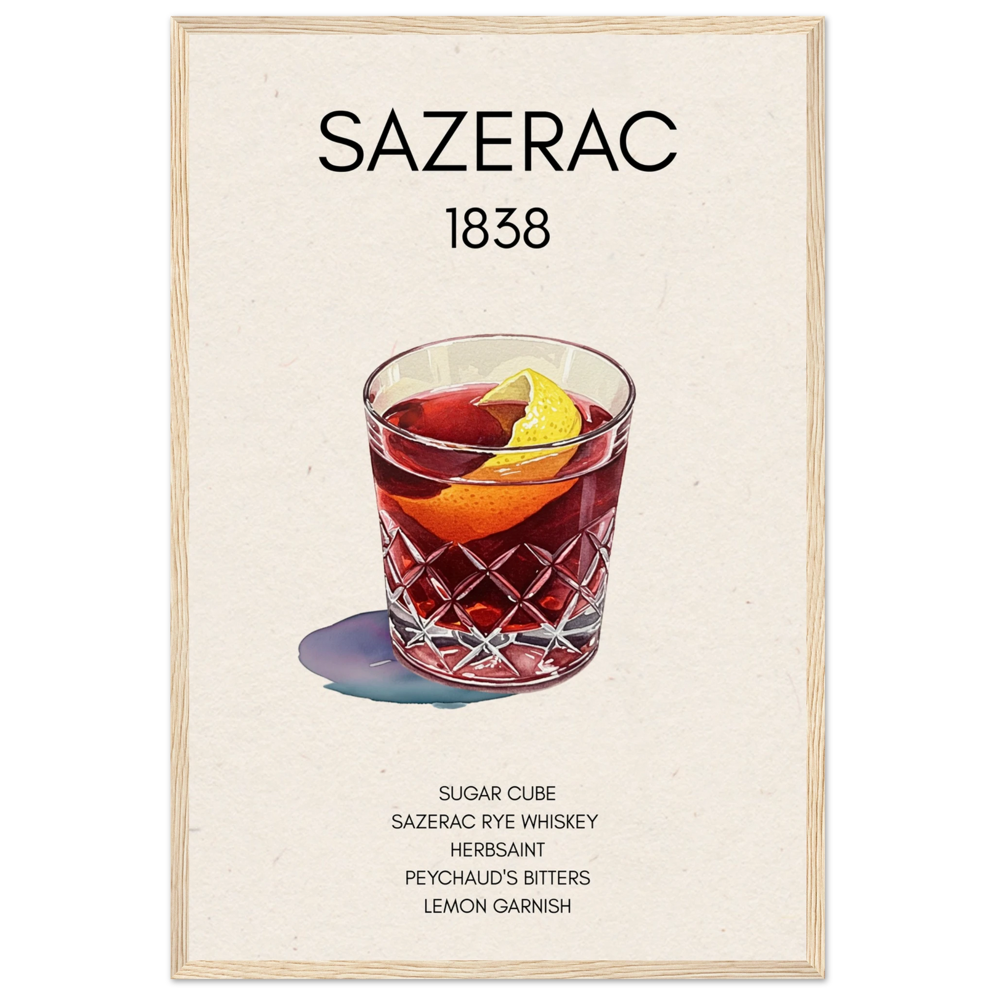 Sazerac Cocktail Bar Art Print Light Wood Frame 40x60 cm 16x24″ Museum-Quality Matte Paper Wooden Framed Poster
