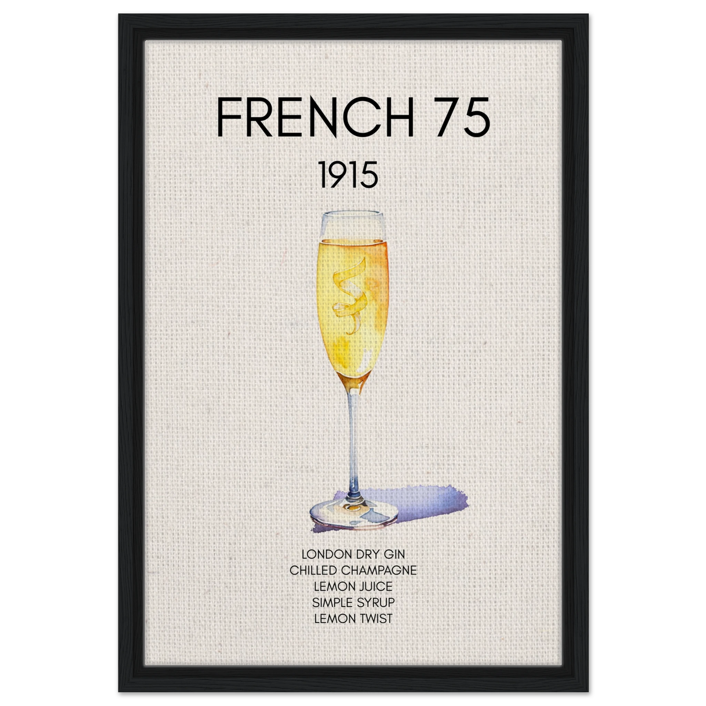 French 75 Cocktail Art Print Black Wood Frame 40x60 cm 16x24″ Framed Canvas