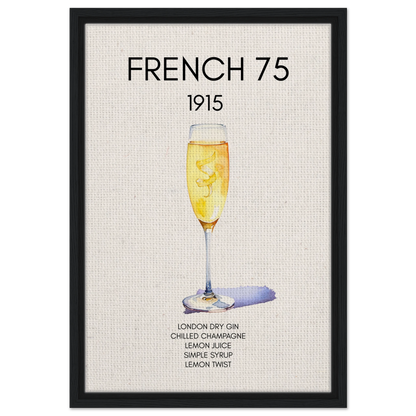 French 75 Cocktail Art Print Black Wood Frame 40x60 cm 16x24″ Framed Canvas