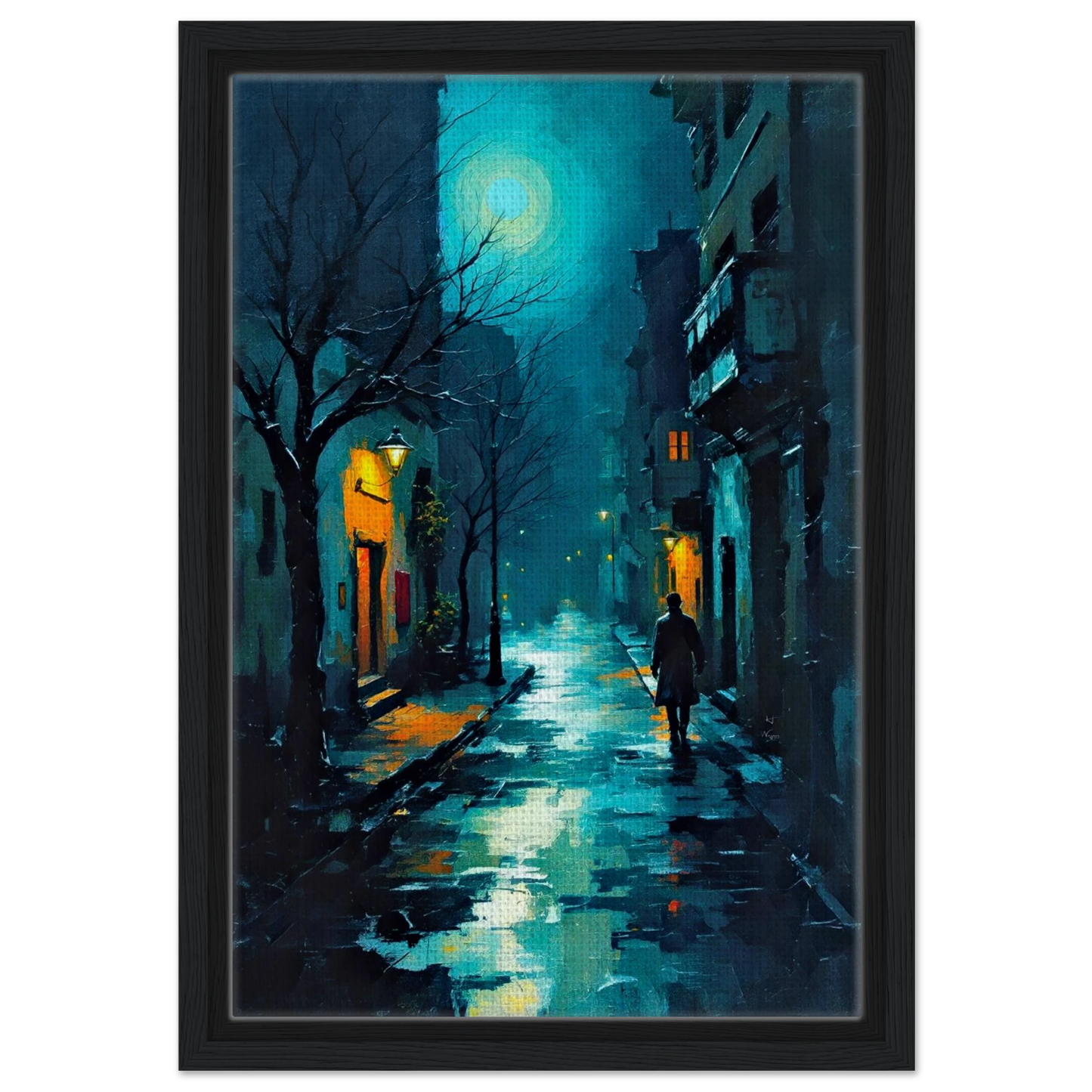 Blue Moon Night Street Scene Art Print 30x45 cm 12x18″ Framed Canvas Black Wood Frame