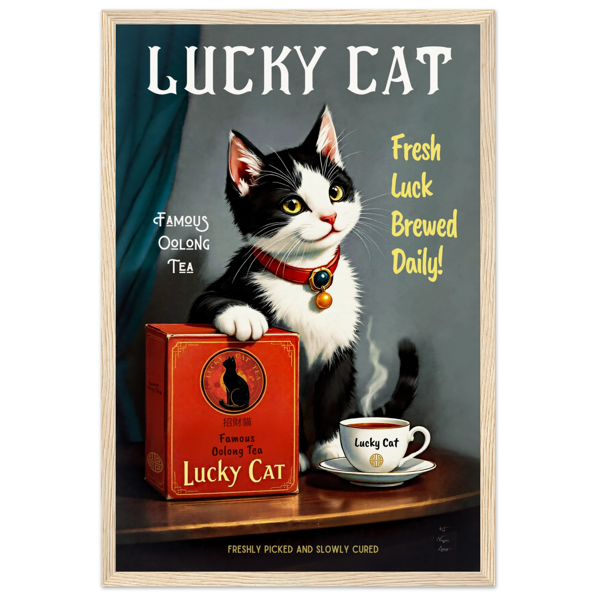 Lucky Tuxedo Cat Tea Kitchen Art Print 30x45 cm 12x18″ Museum-Quality Matte Framed Poster Light Wood Frame