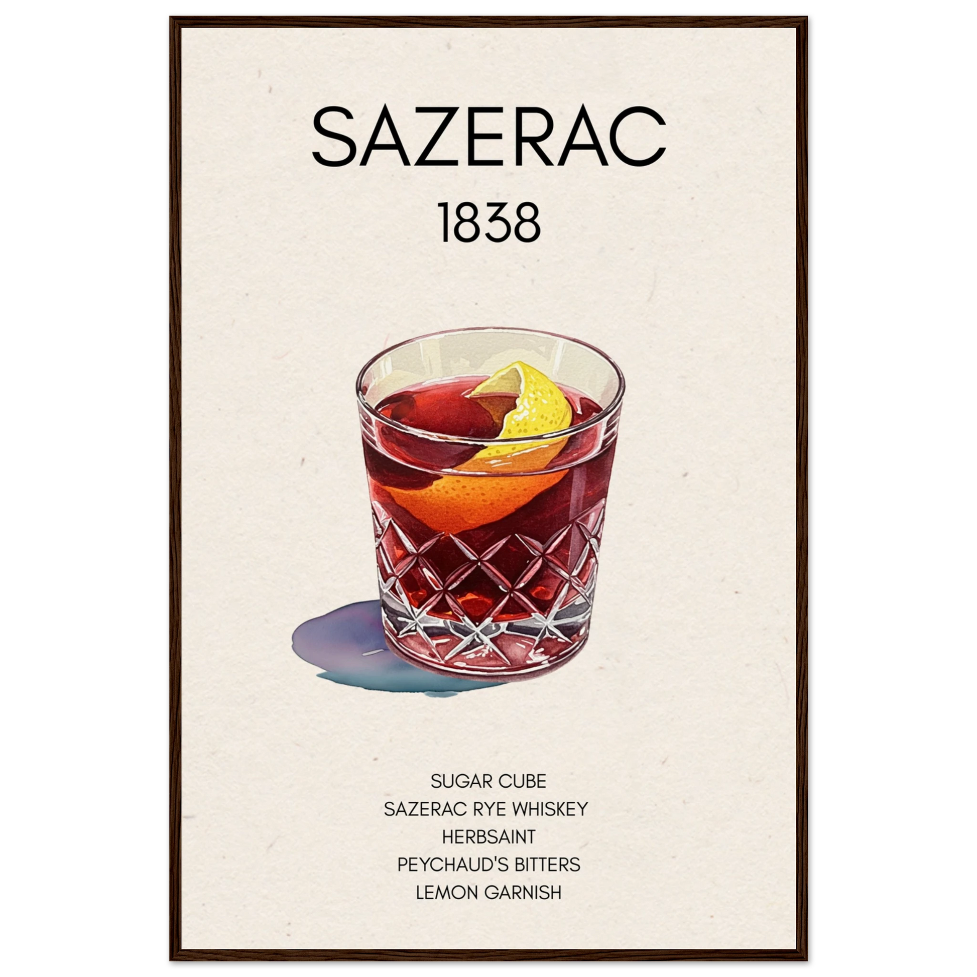 Sazerac Cocktail Bar Art Print Dark Brown Wood Frame 60x90 cm 24x36″ Museum-Quality Matte Paper Wooden Framed Poster