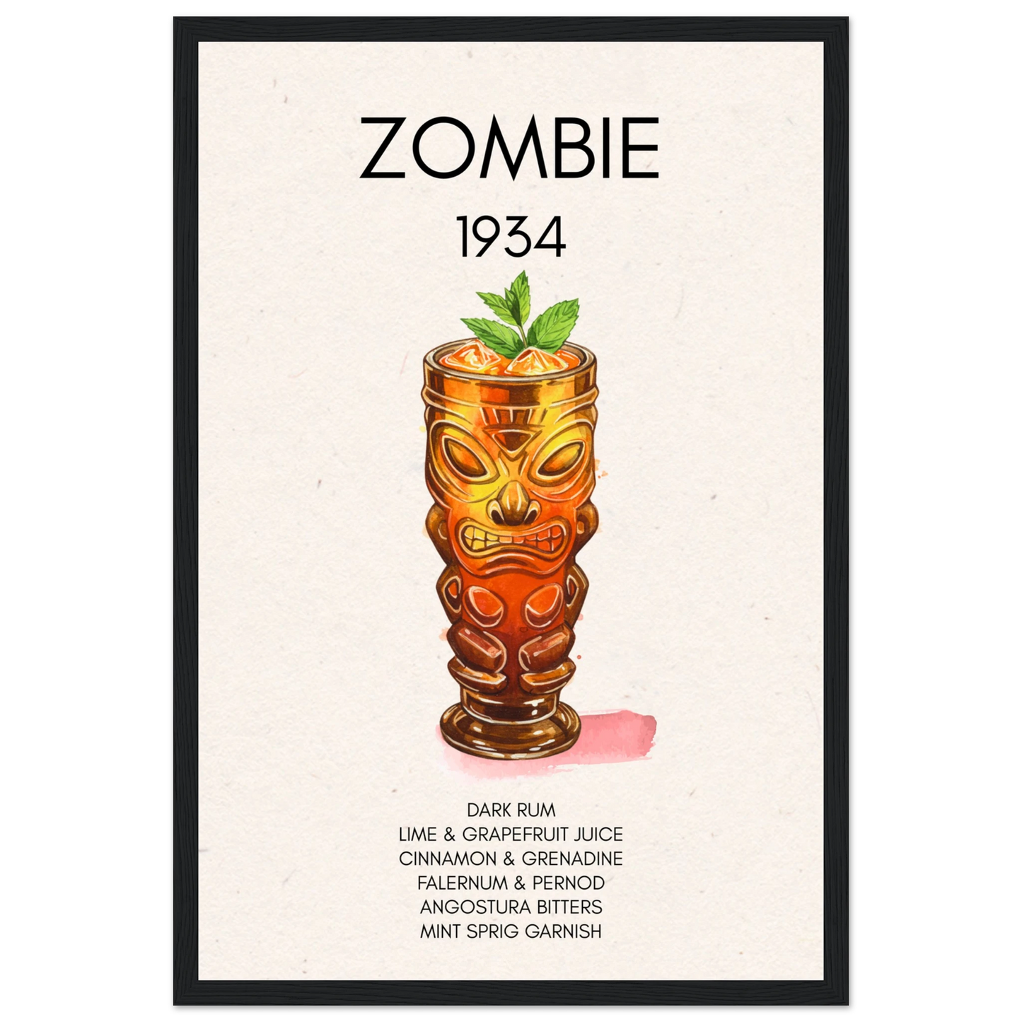 Zombie Tiki Cocktail Bar Poster Print Black Wood Frame 30x45 cm 12x18″ Classic Matte Paper Wooden Framed Poster