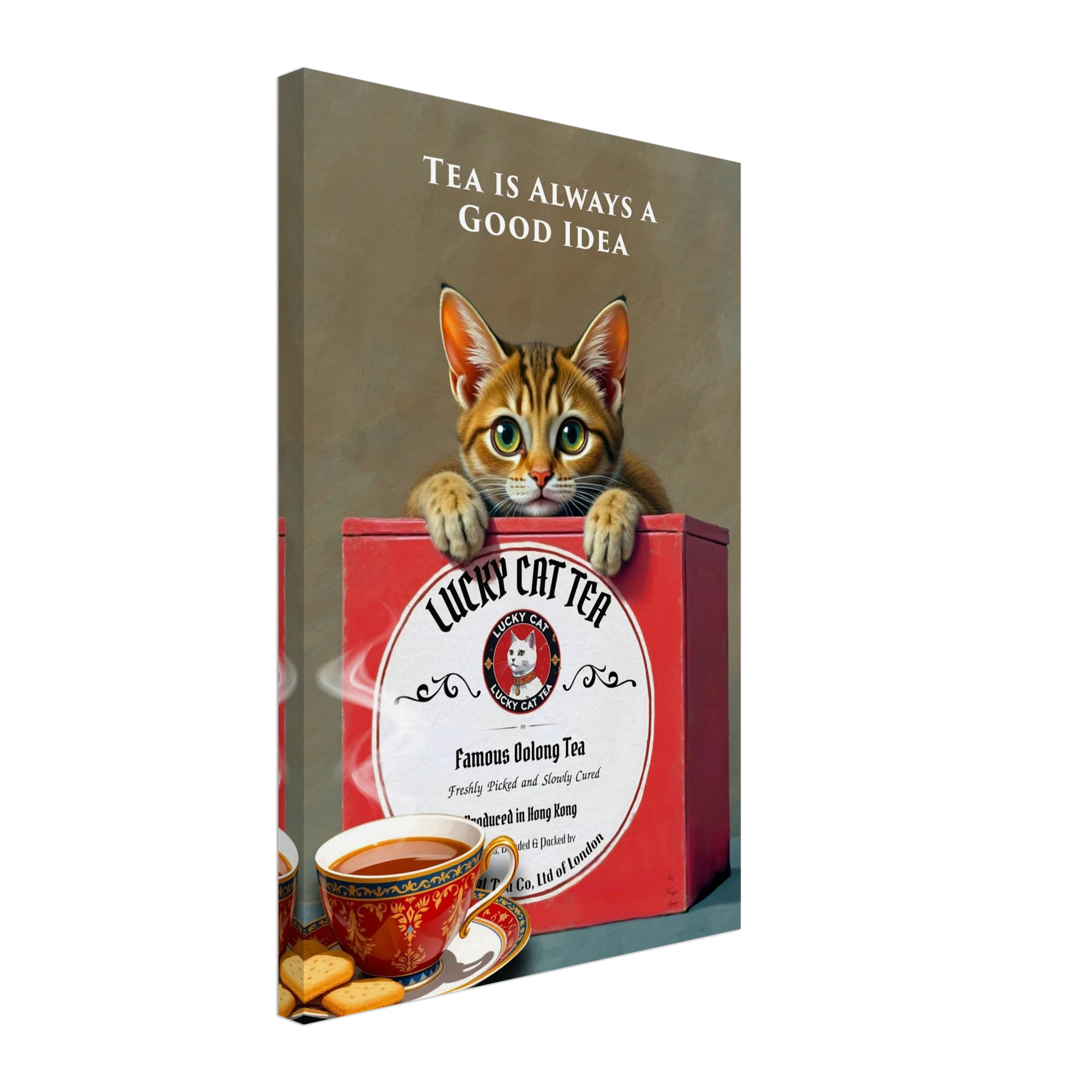Tabby Lucky Cat Tea Vintage Kitchen Art Print No Frame 40x60 cm 16x24″ Gallery Wrapped Canvas