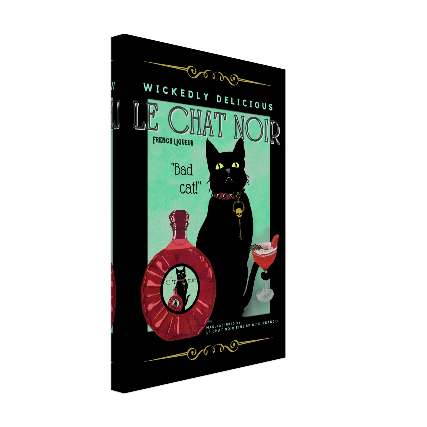 Black Cat Cocktail French Art Deco Print 30x45 cm 12x18″ Gallery Wrapped Canvas No Frame