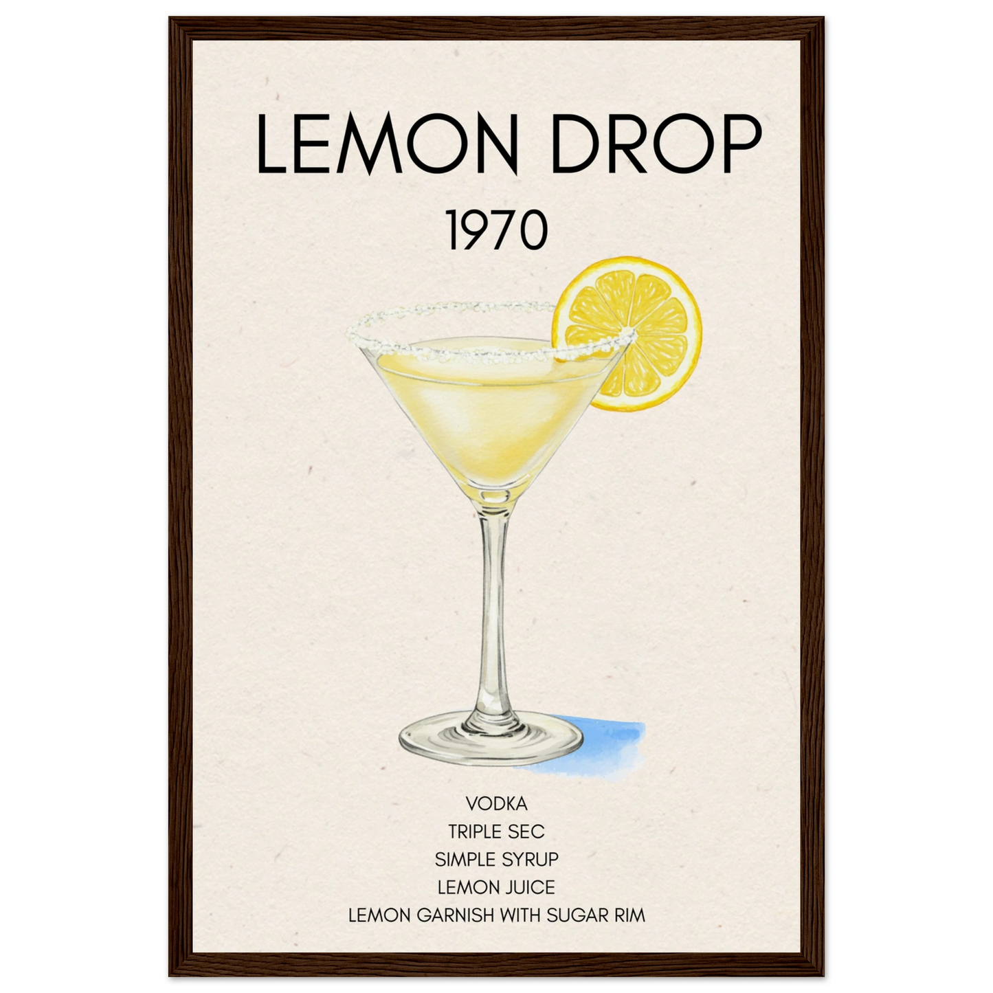 Lemon Drop Martini Cocktail Bar Poster Print Dark Brown Wood Frame 30x45 cm 12x18″ Museum-Quality Matte Paper Wooden Framed Poster
