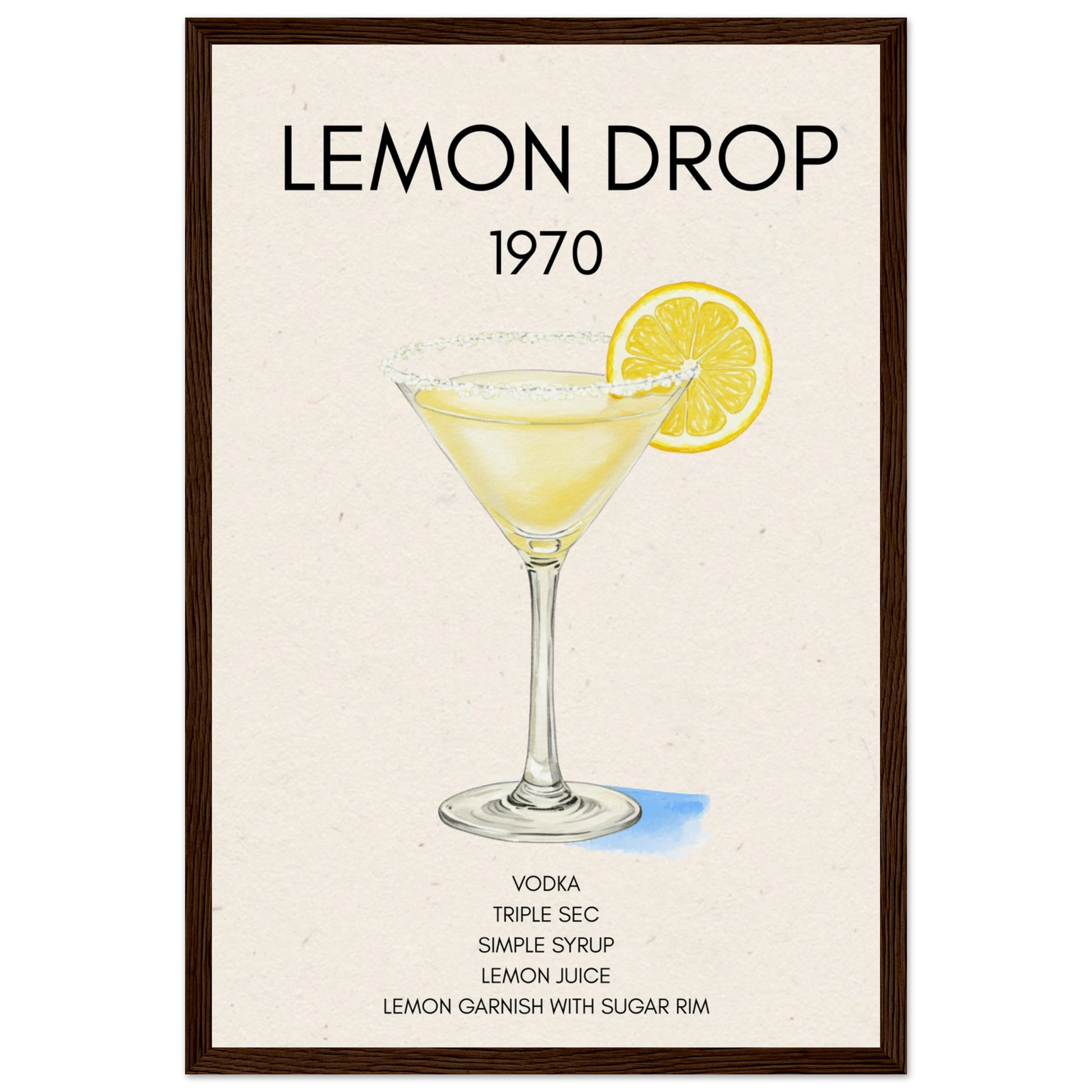 Lemon Drop Martini Cocktail Bar Art Print Dark Brown Wood Frame 30x45 cm 12x18″ Museum-Quality Matte Paper Wooden Framed Poster