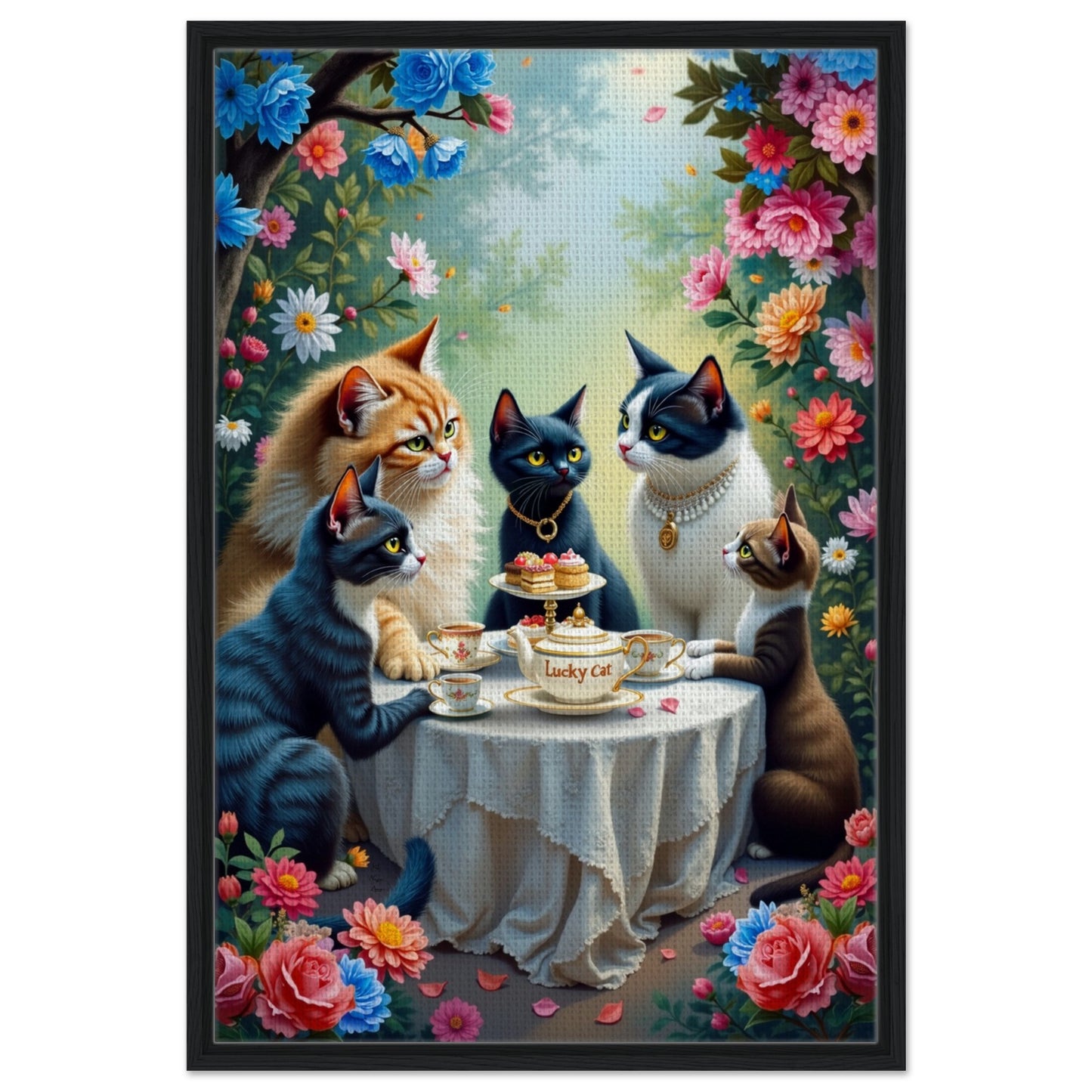 Lucky Cat Garden Tea Party Kitchen Art Print Black Wood Frame 60x90 cm 24x36″ Framed Canvas